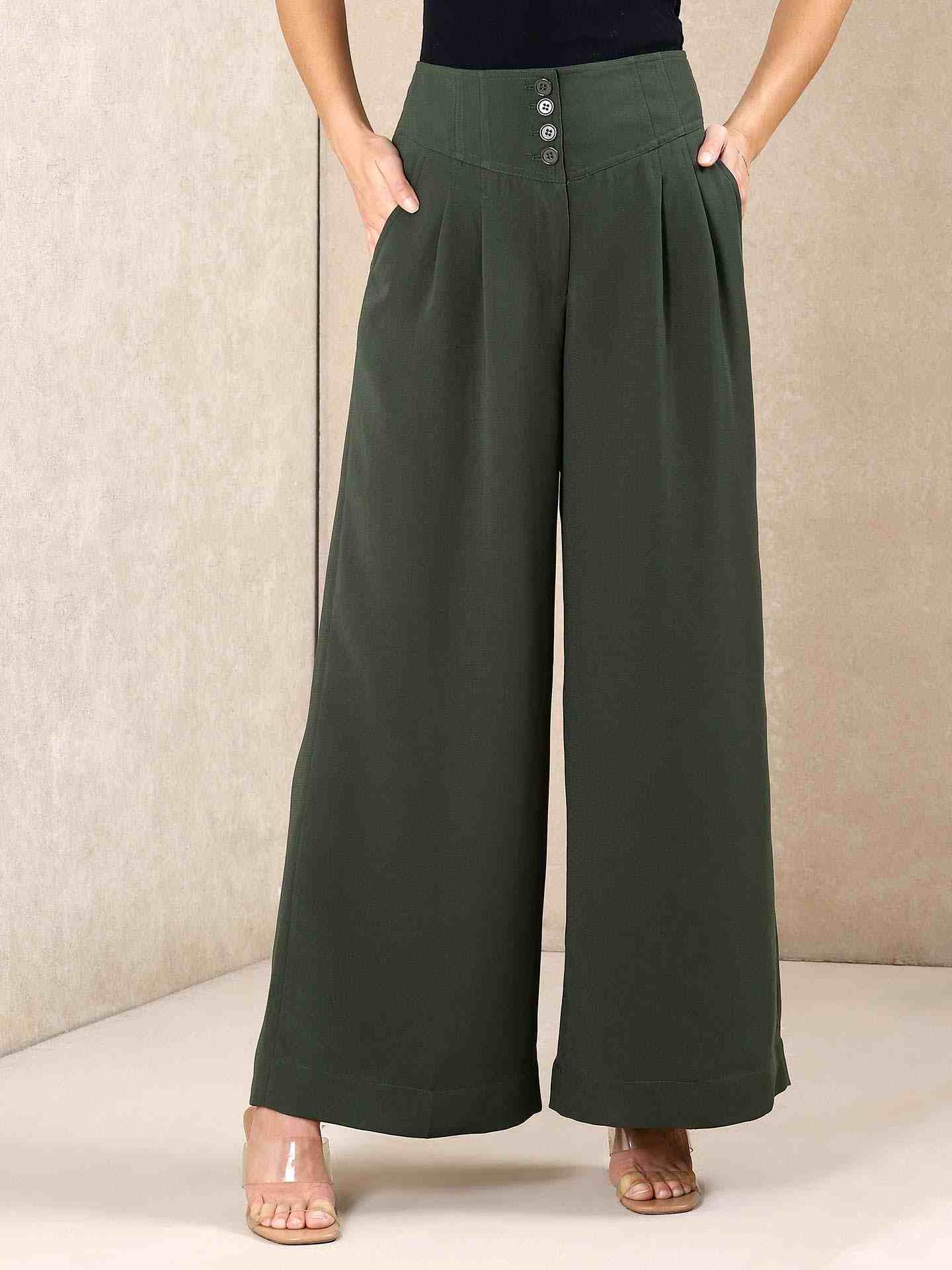 Green Solid Wide-Leg Pants