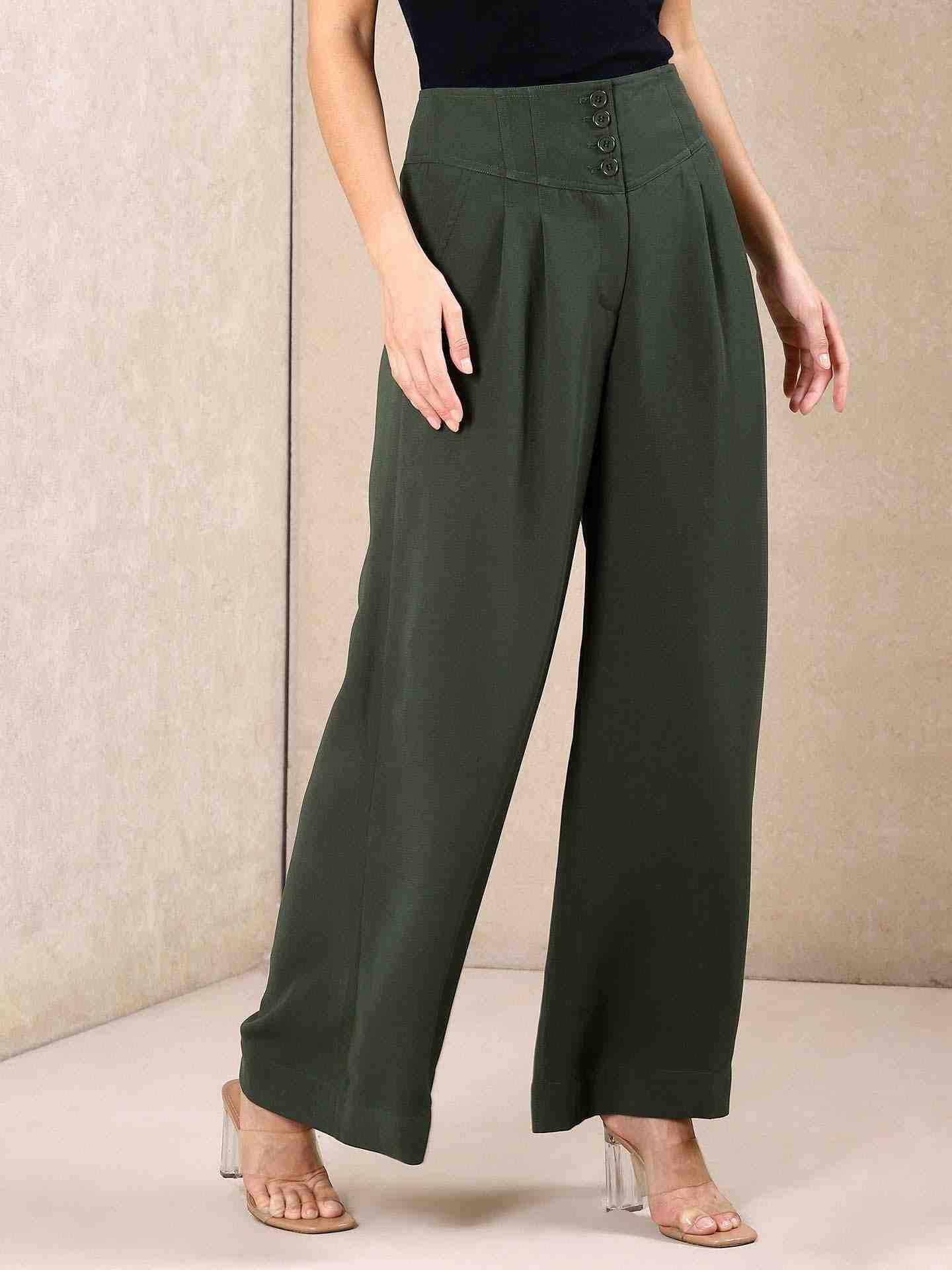 Green Solid Wide-Leg Pants