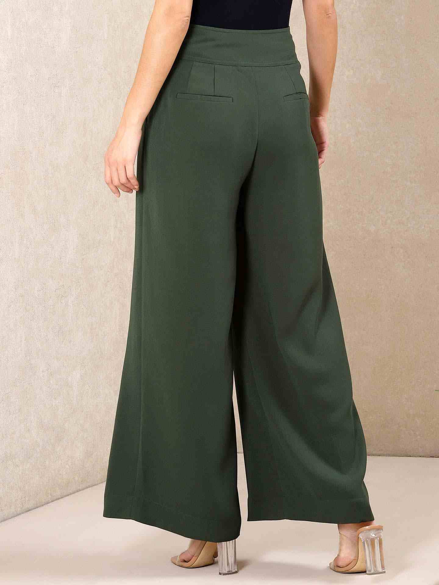 Green Solid Wide-Leg Pants