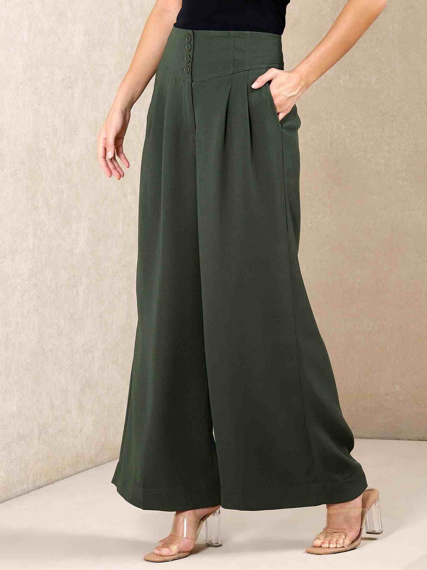 Green Solid Wide-Leg Pants