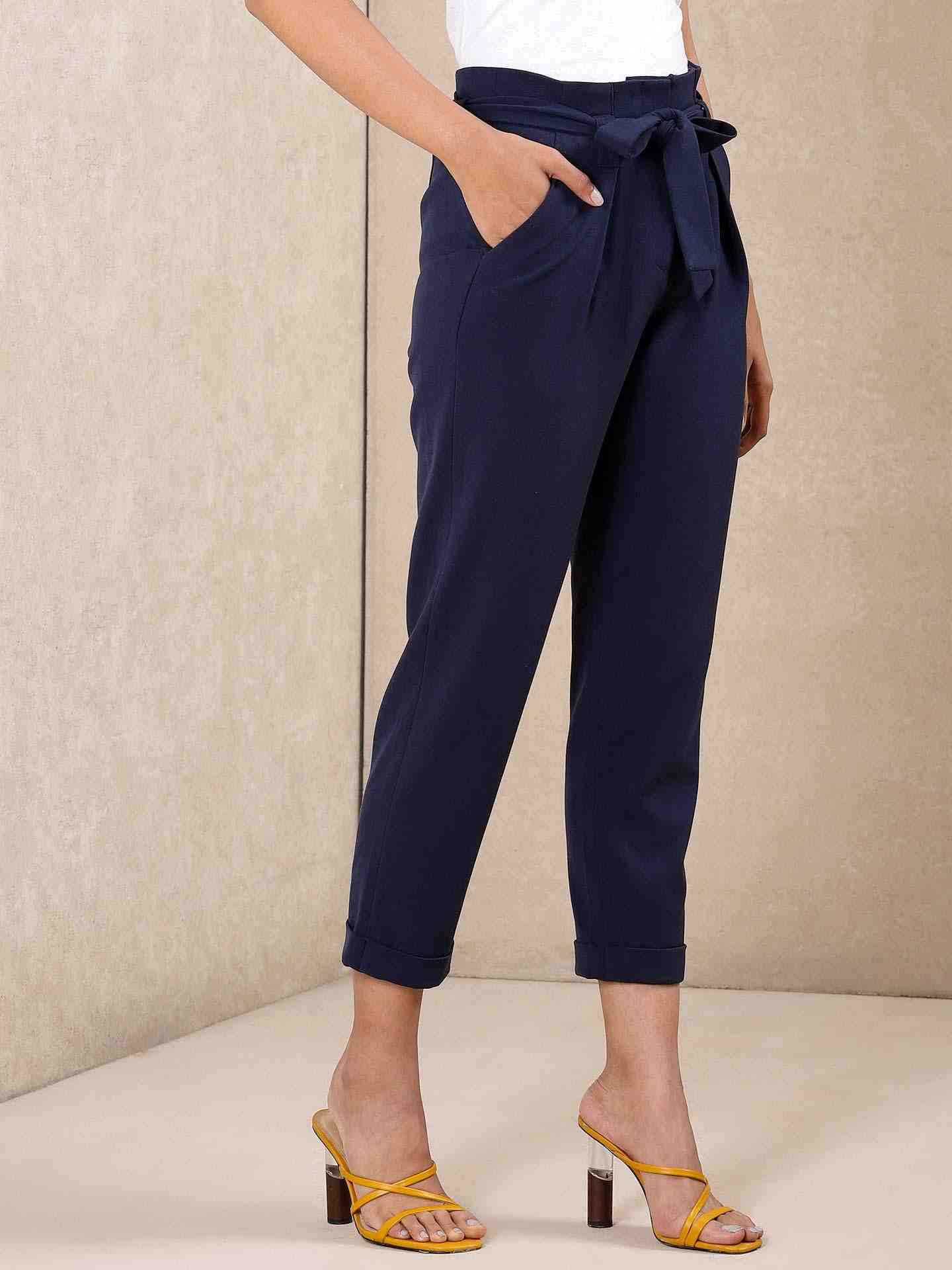 Navy Solid Tapered Pants