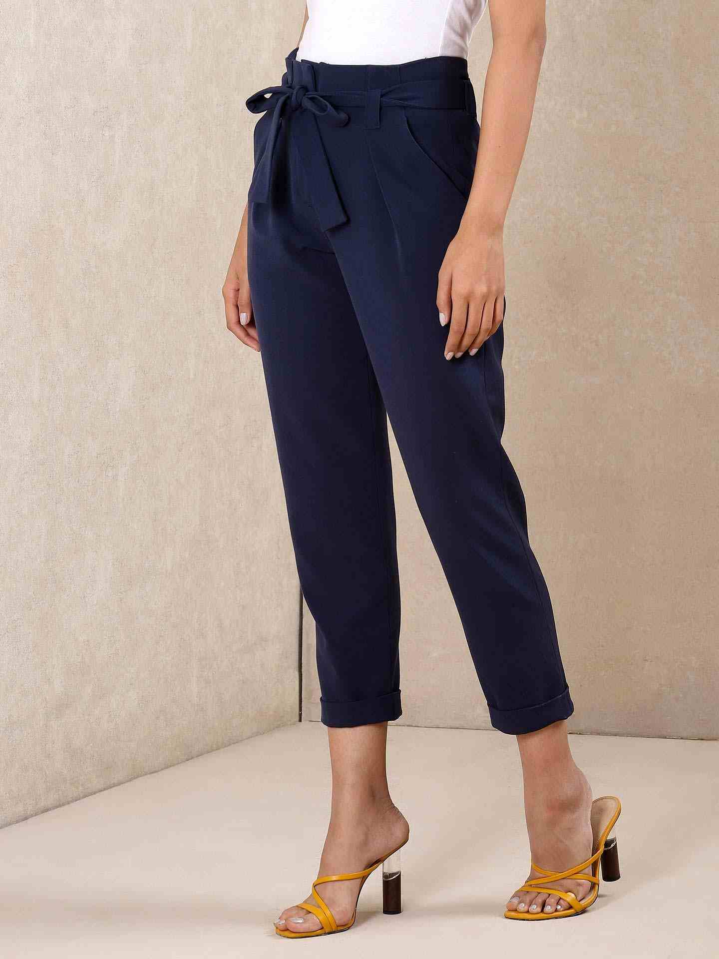 Navy Solid Tapered Pants