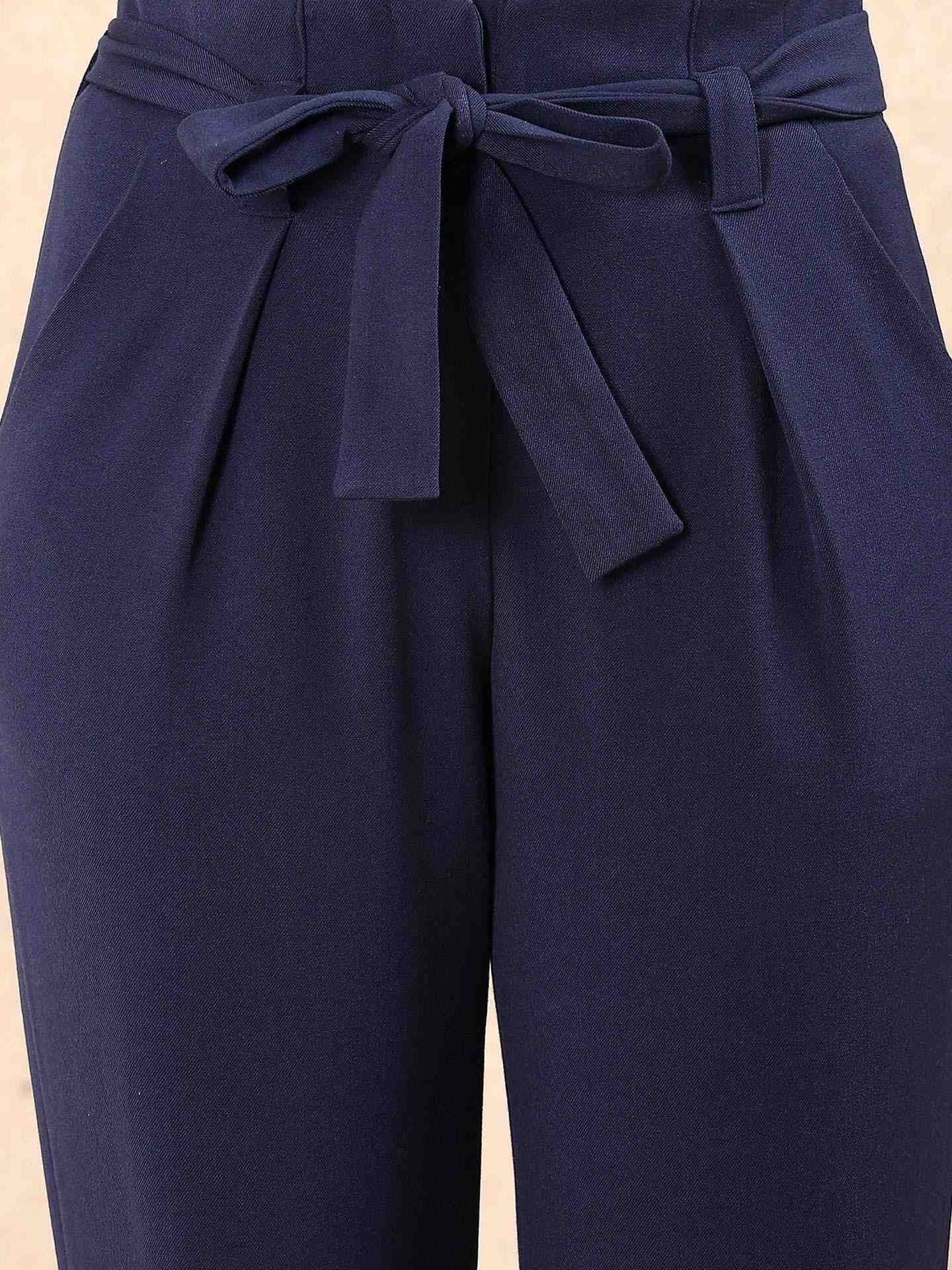 Navy Solid Tapered Pants