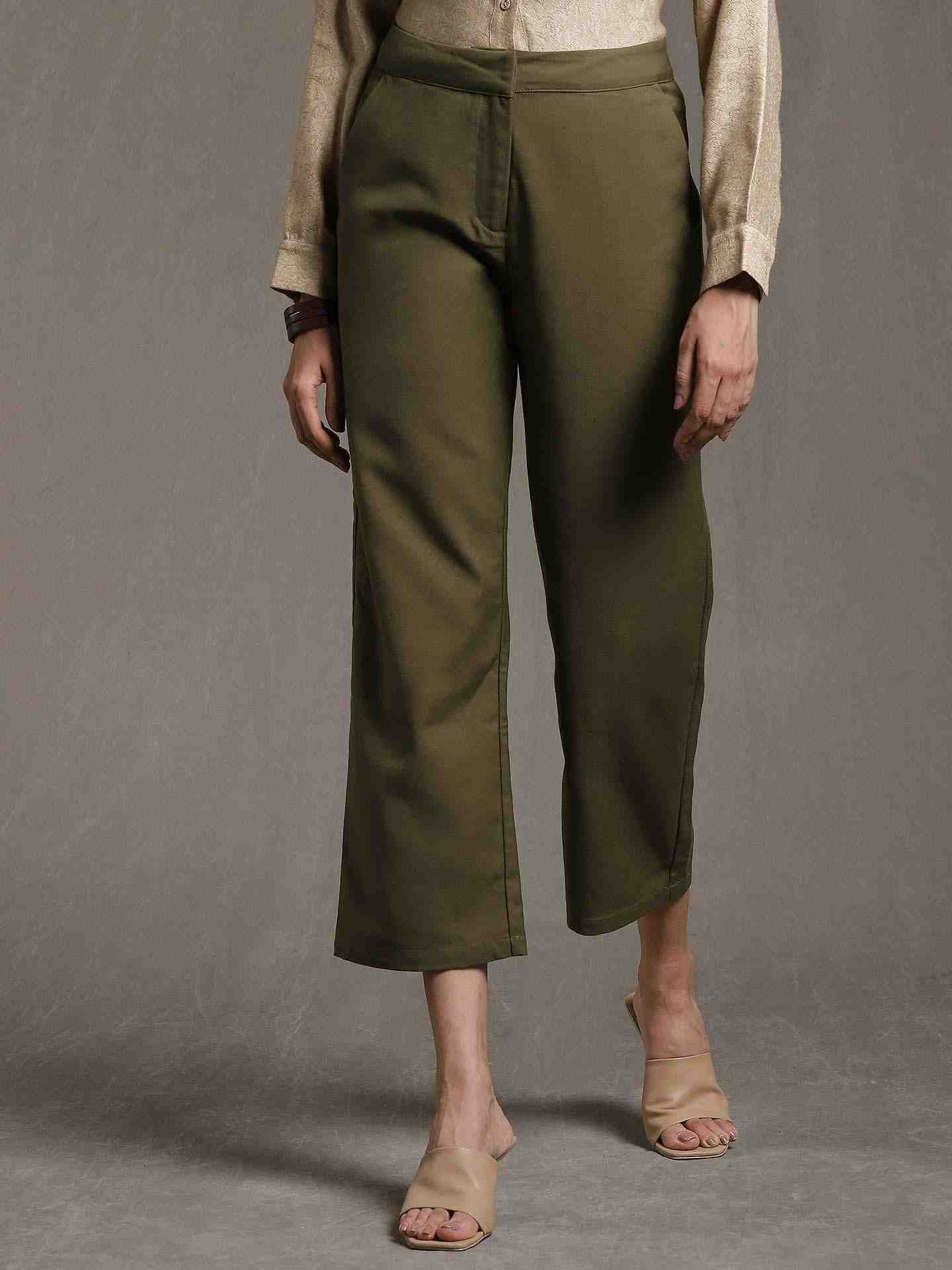 Olive Solid Straight-Leg Pants