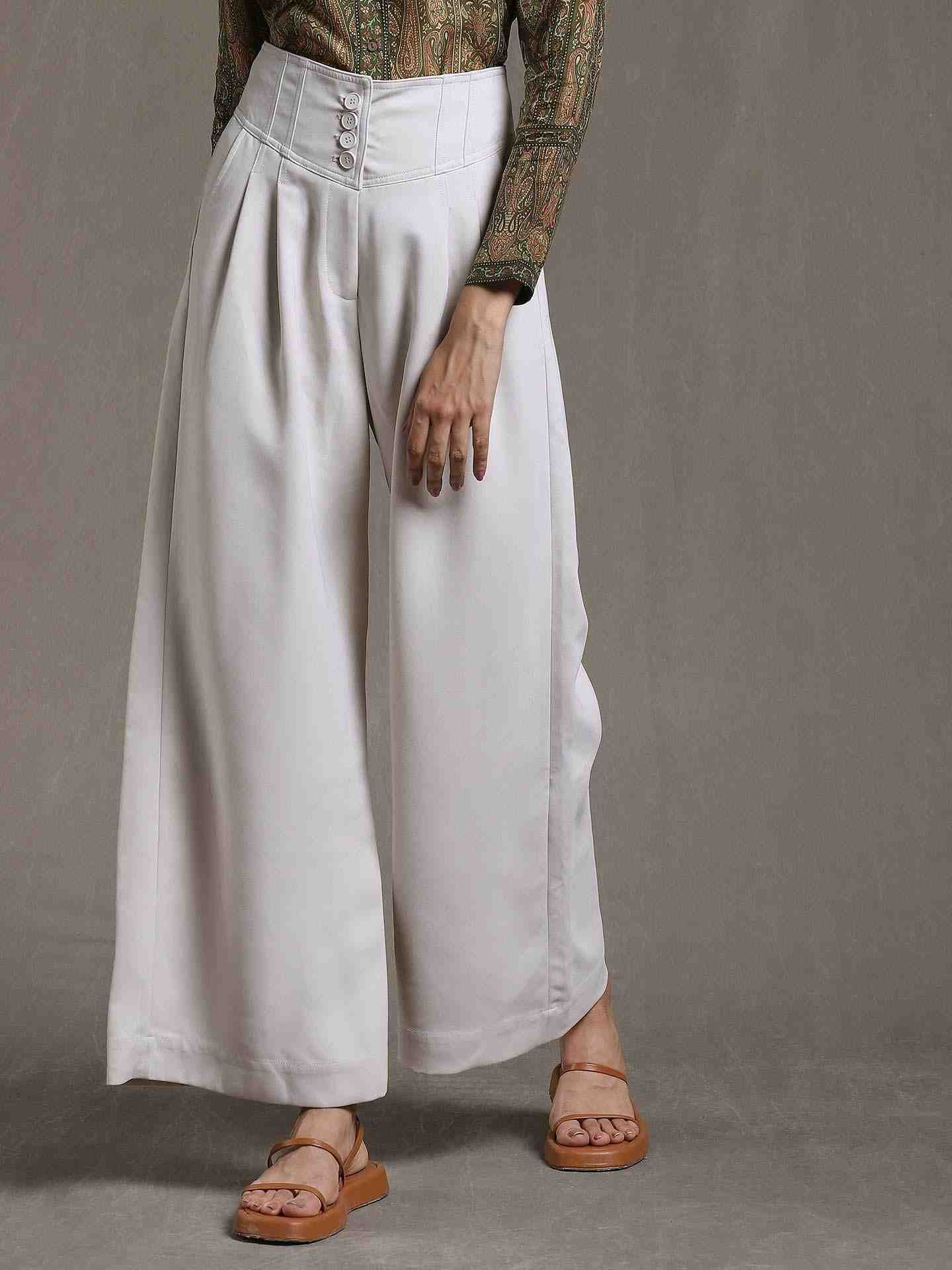 Beige Solid Wide-Leg Pants