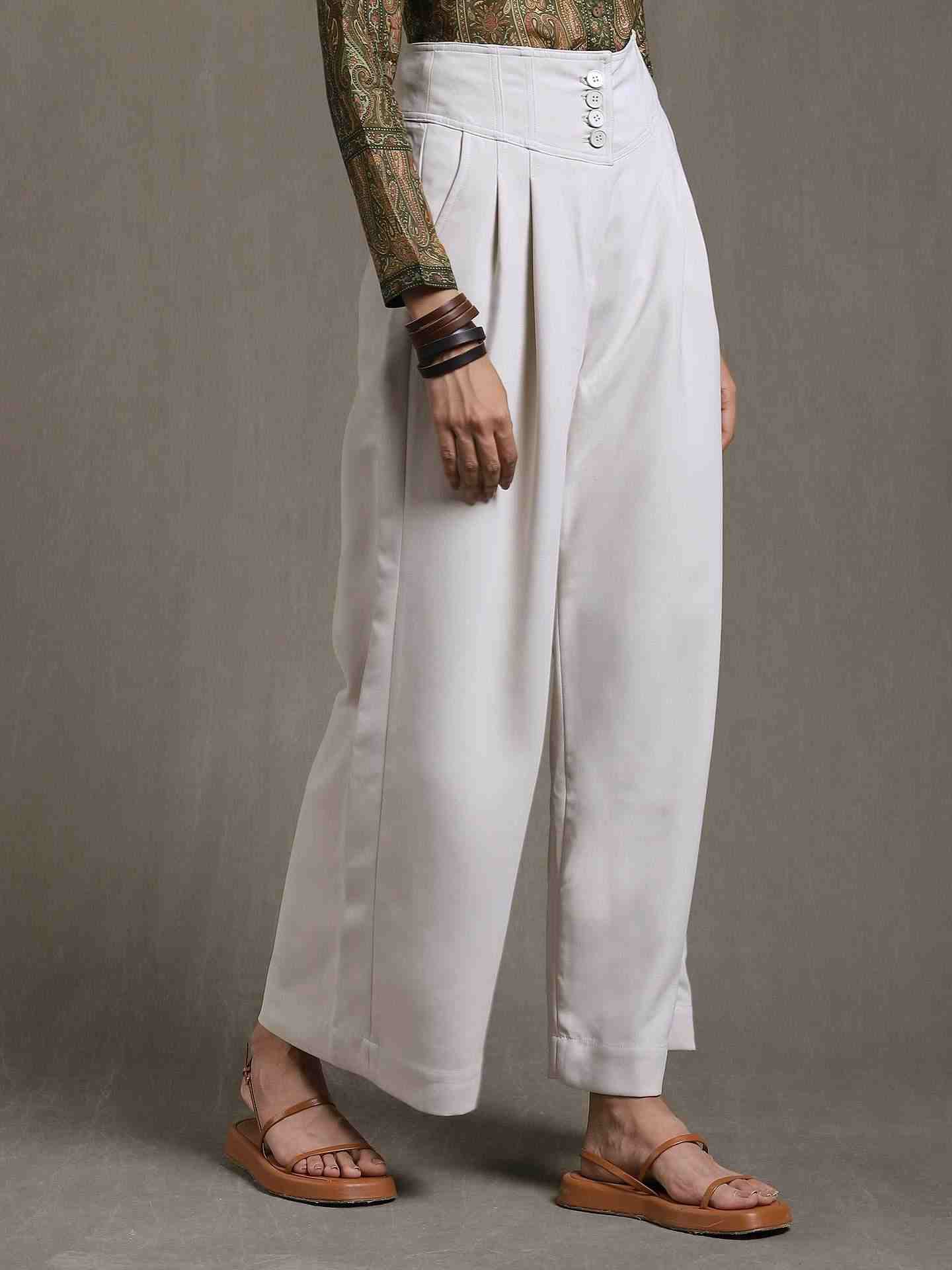 Beige Solid Wide-Leg Pants