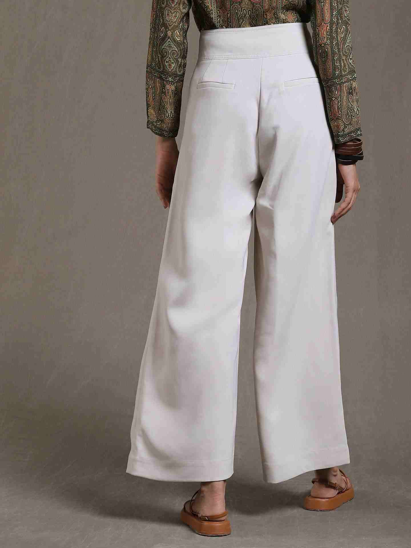 Beige Solid Wide-Leg Pants