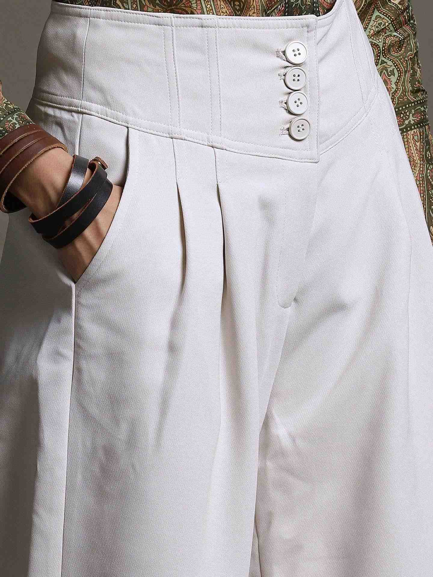 Beige Solid Wide-Leg Pants