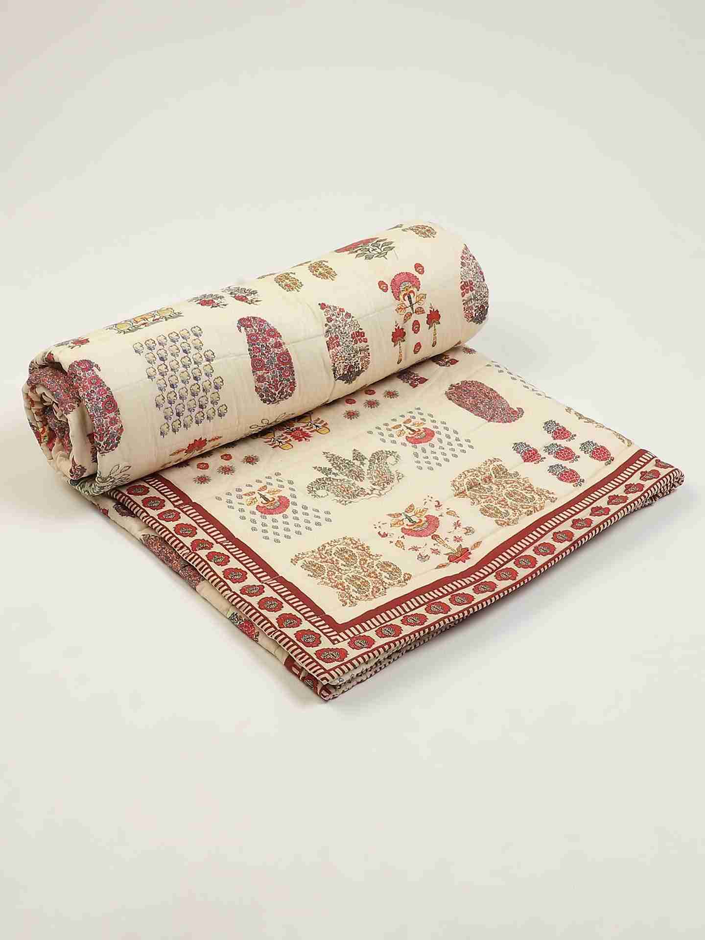 Ivory & Red Kashmiri Booti Cotton Quilt