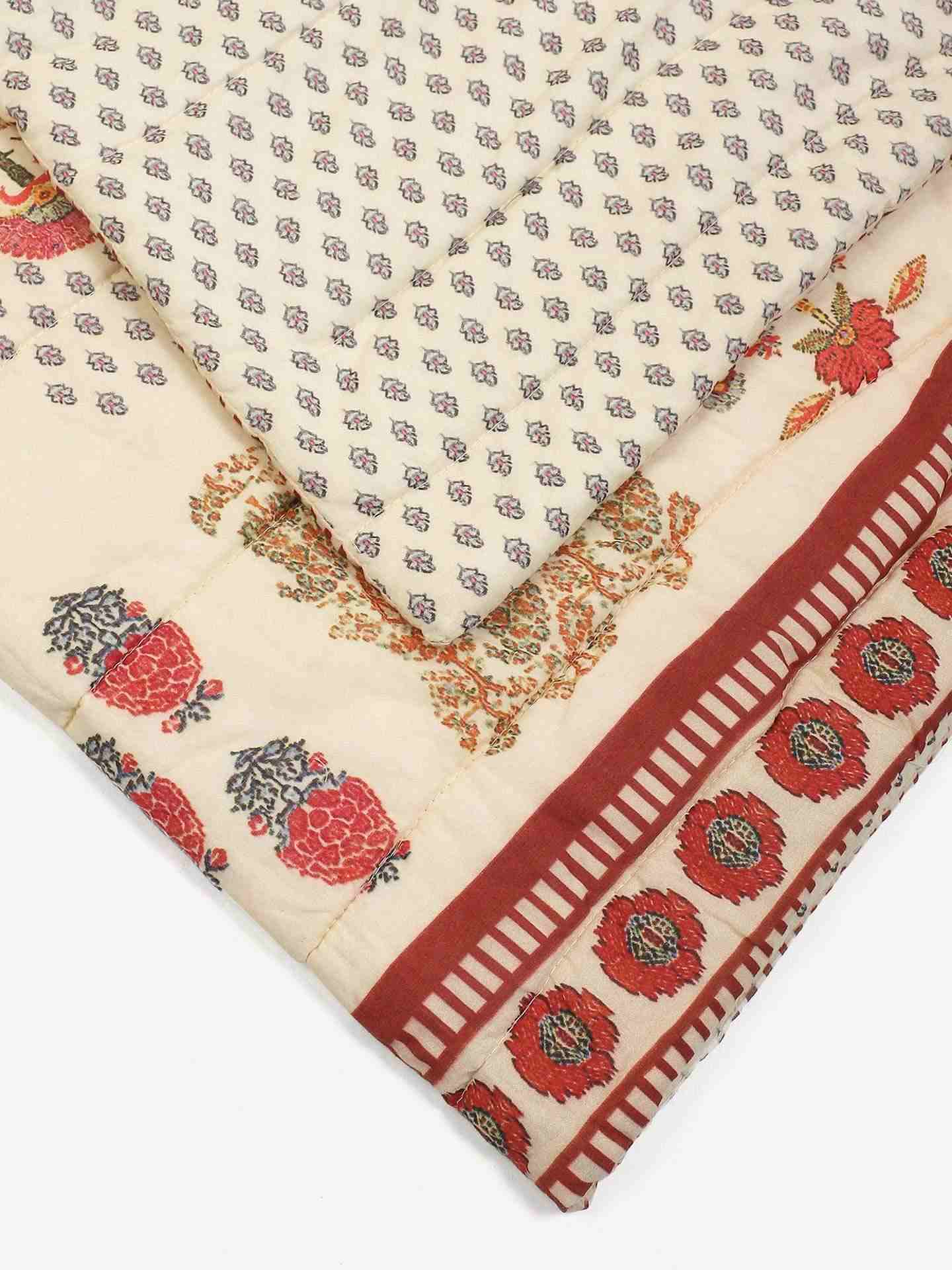 Ivory & Red Kashmiri Booti Cotton Quilt