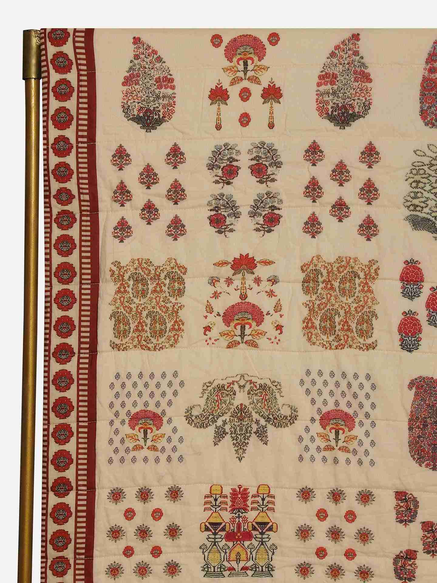 Ivory & Red Kashmiri Booti Cotton Quilt