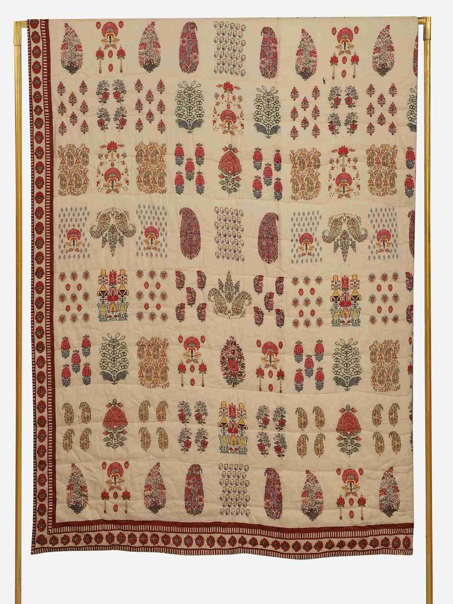 Ivory & Red Kashmiri Booti Cotton Quilt