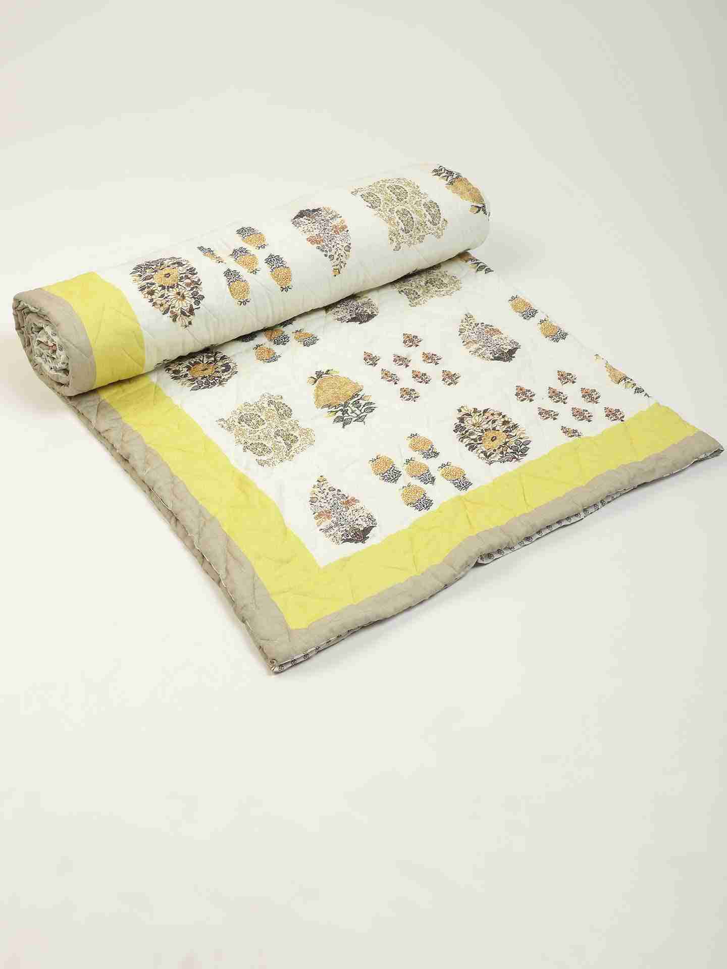 Yellow Kashmiri Booti Cotton Quilt