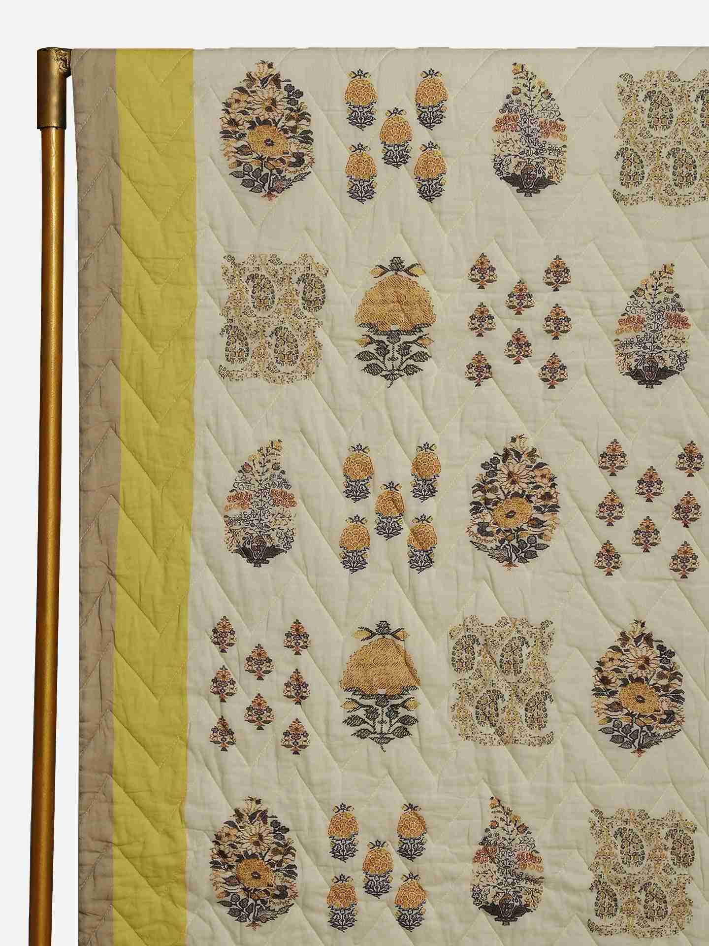 Yellow Kashmiri Booti Cotton Quilt
