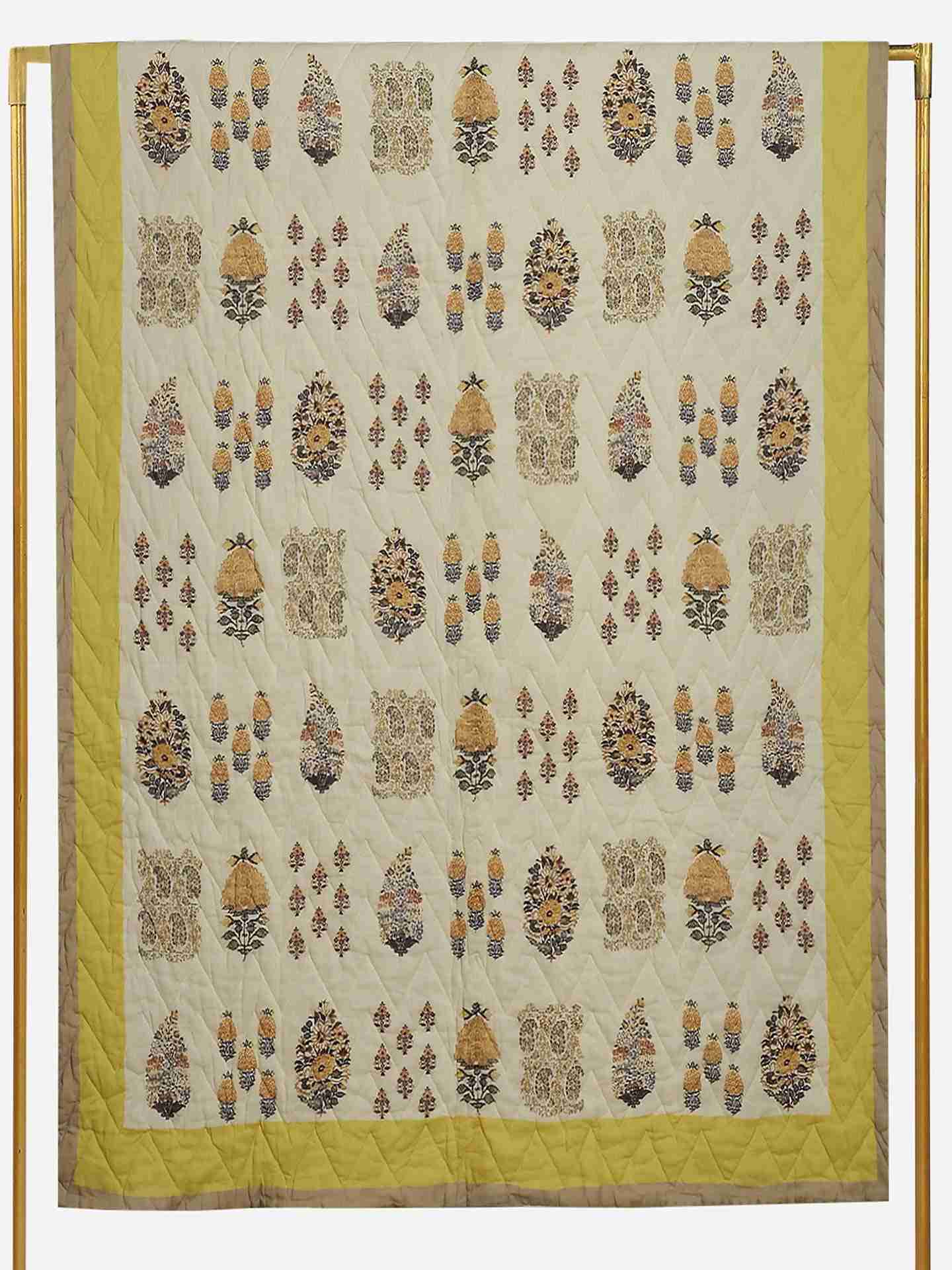 Yellow Kashmiri Booti Cotton Quilt