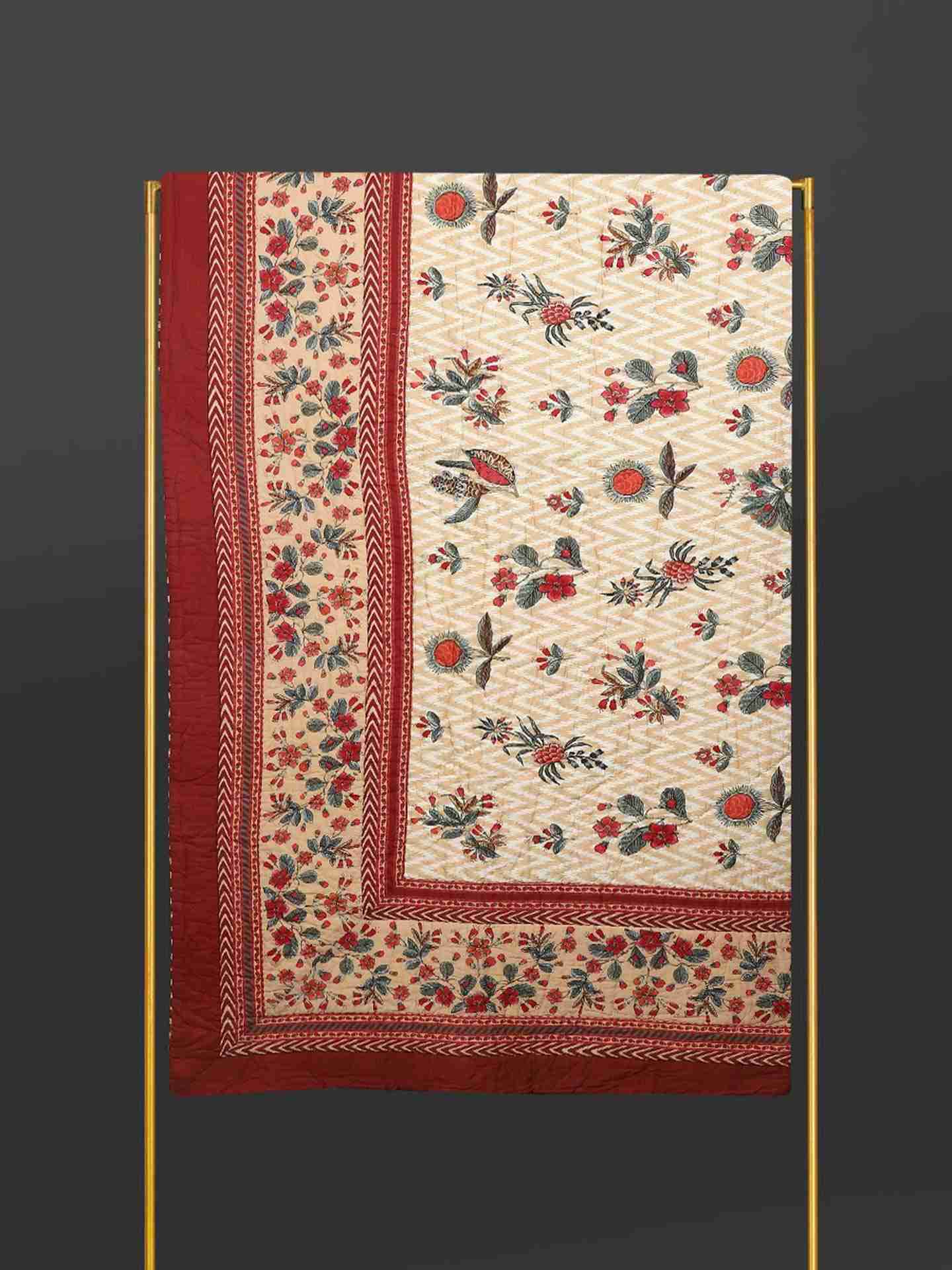 Ecru & Red Flora Cotton Quilt