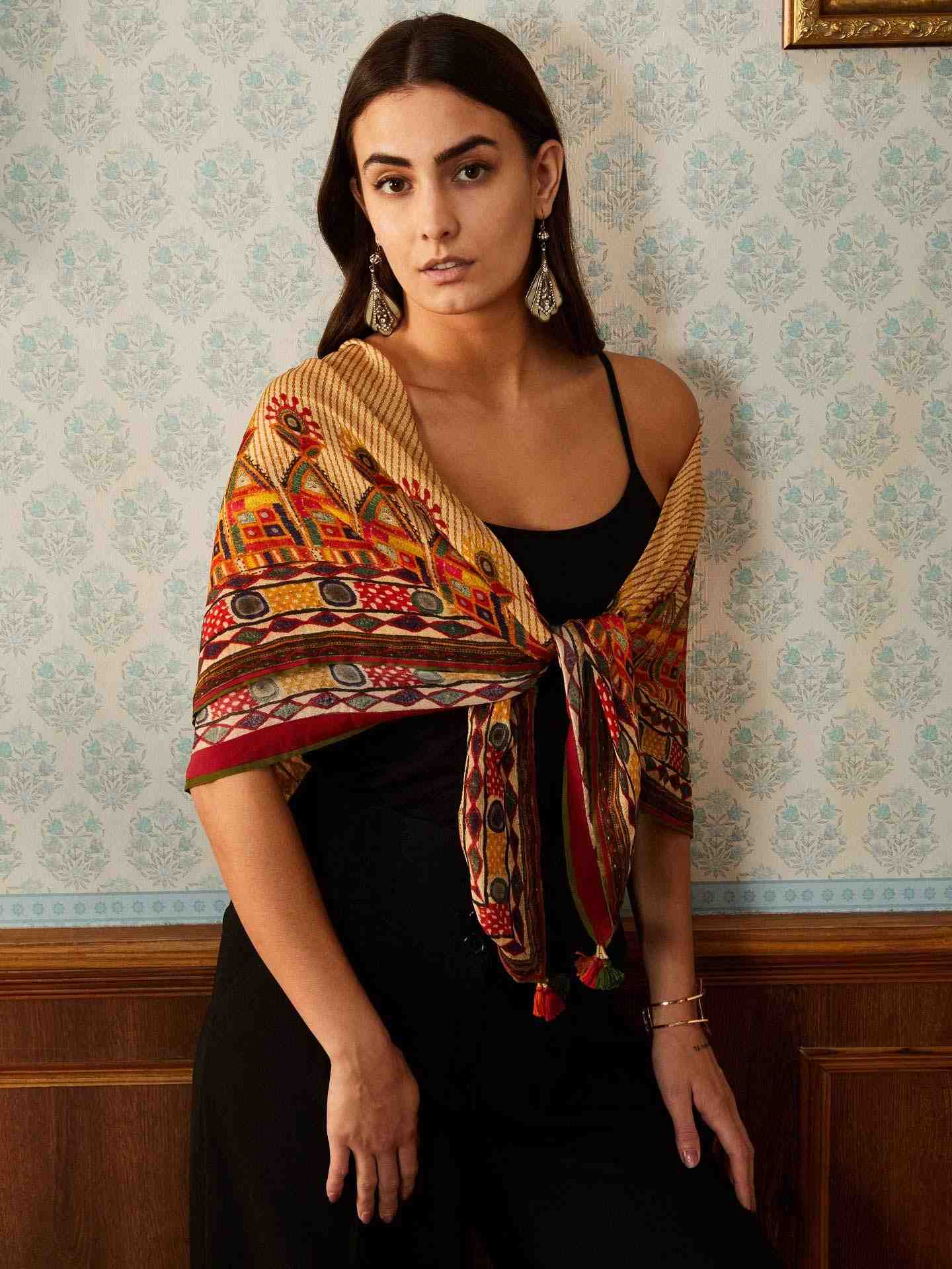 Beige & Multi-Color Venkatil Square Scarf