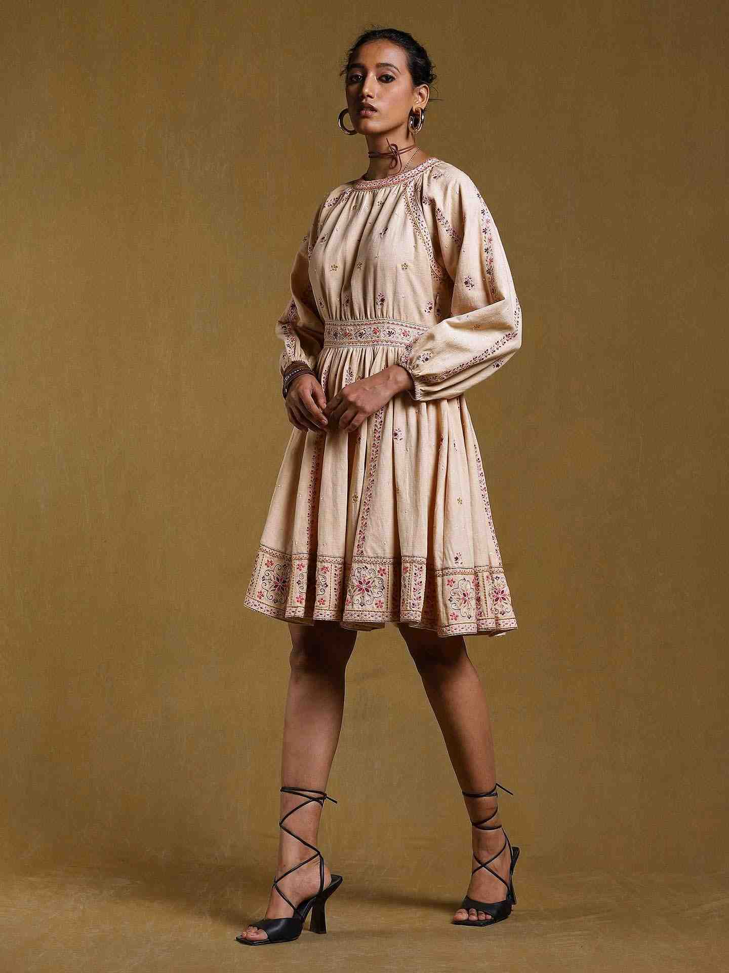 Beige Ulla Solid Cotton Knee-Length Dress