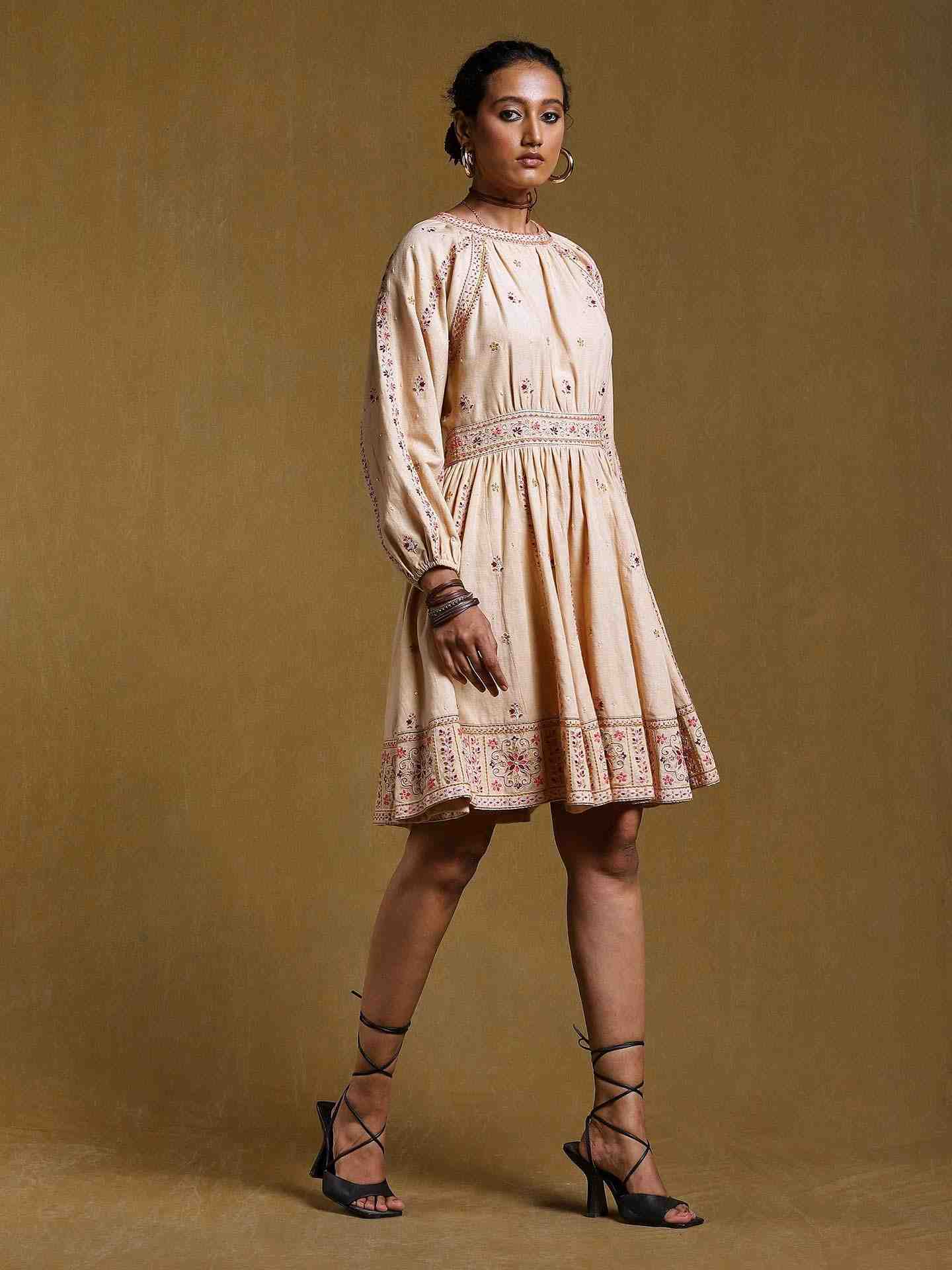 Beige Ulla Solid Cotton Knee-Length Dress