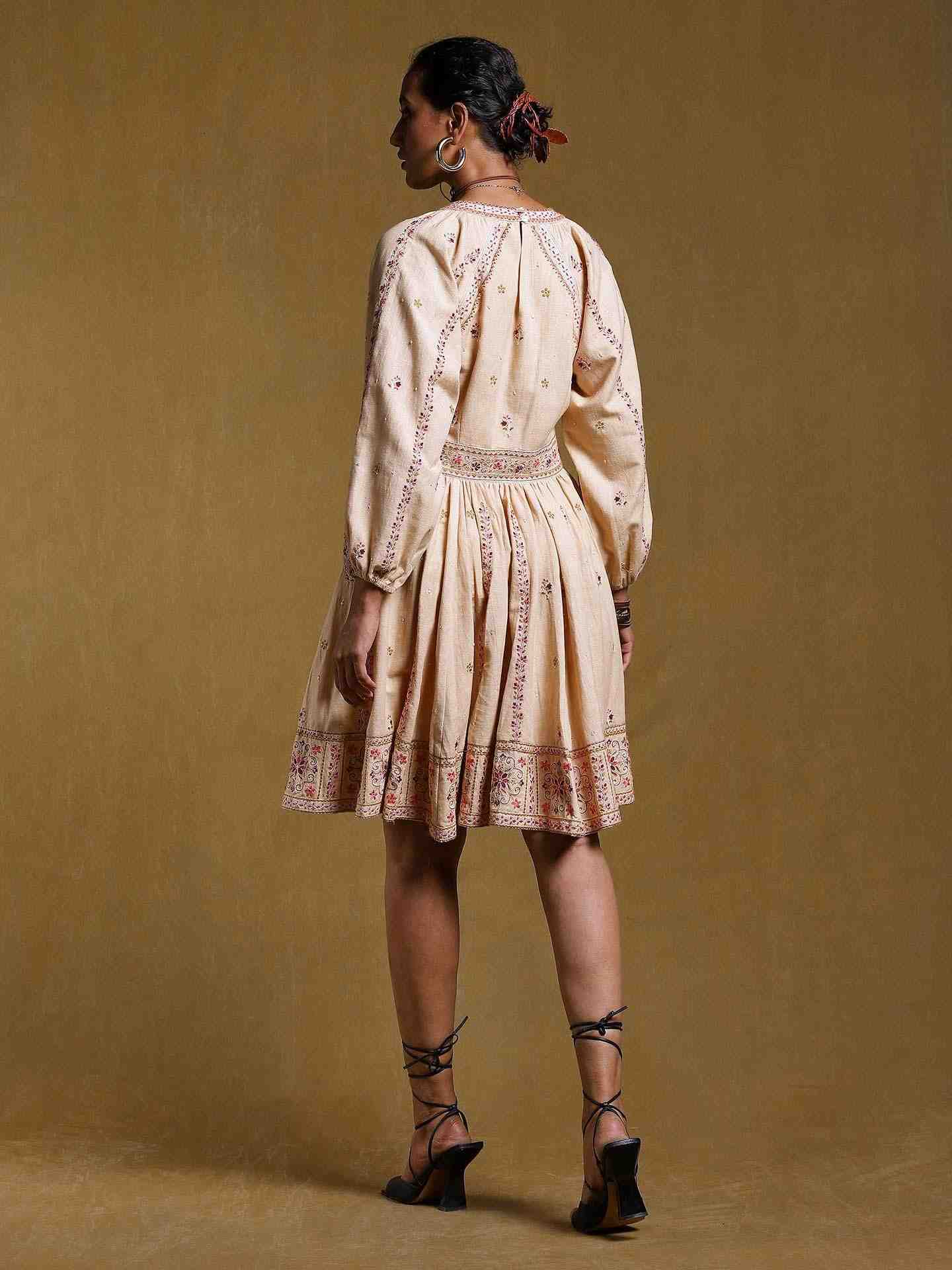 Beige Ulla Solid Cotton Knee-Length Dress