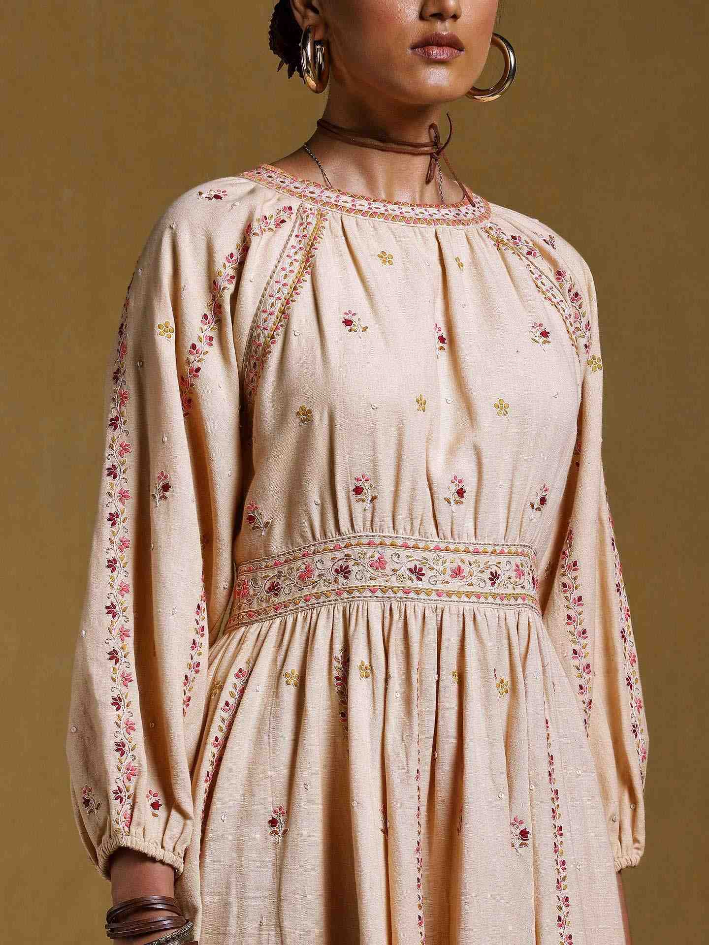 Beige Ulla Solid Cotton Knee-Length Dress