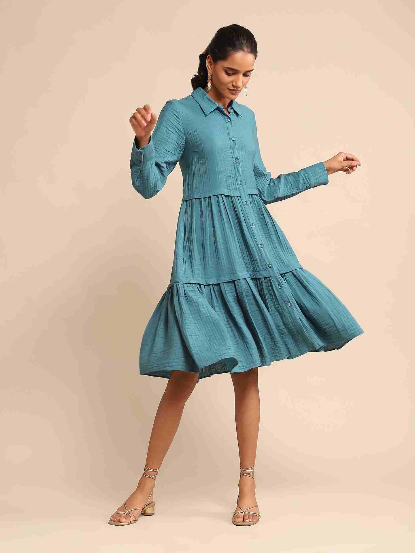 Teal Urban Elysian Cotton Knee-Length Dress