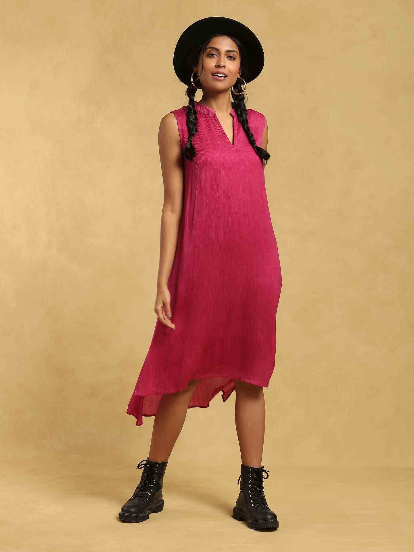 Pink Meta Solid Satin Dress