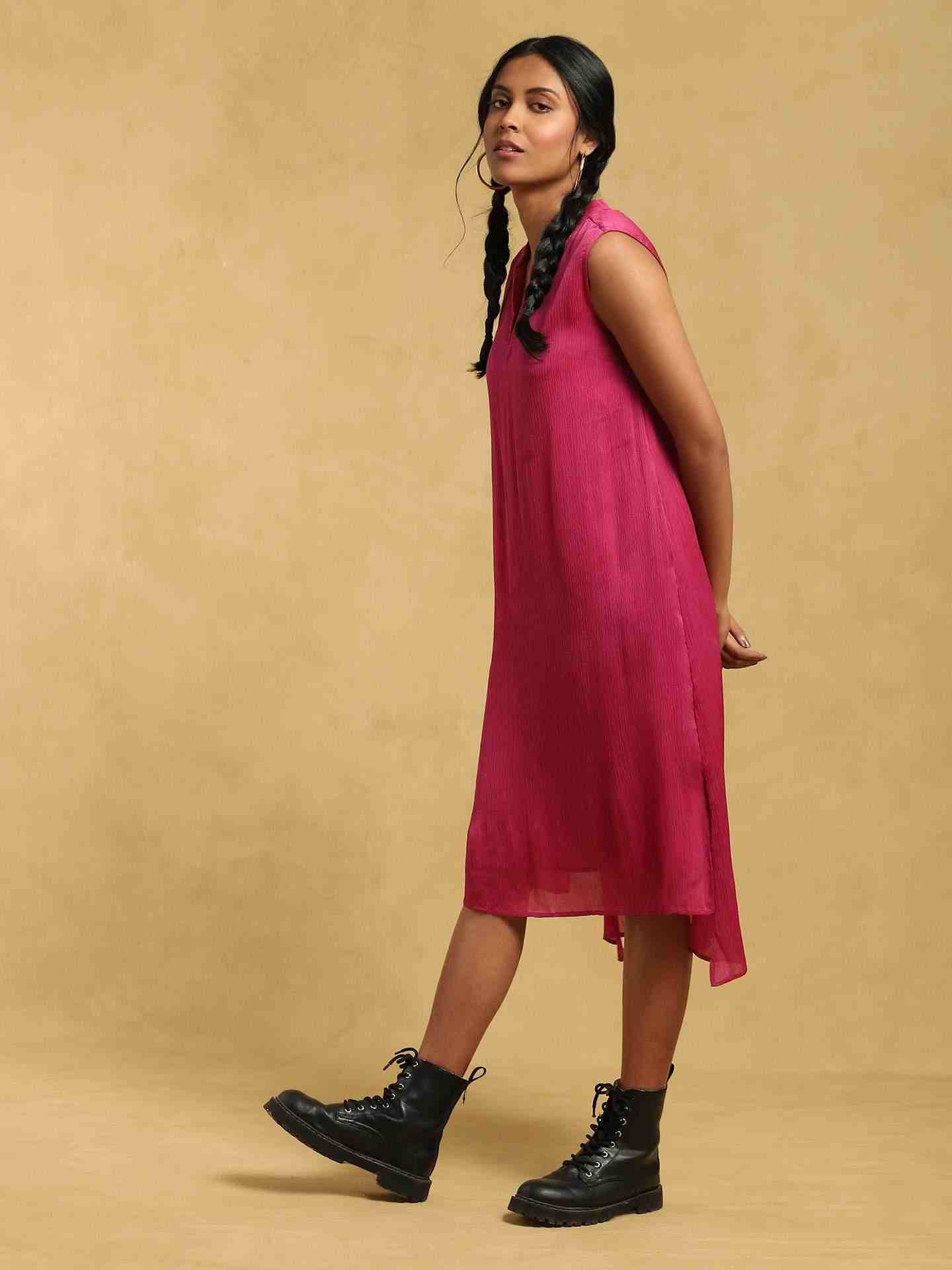 Pink Meta Solid Satin Dress