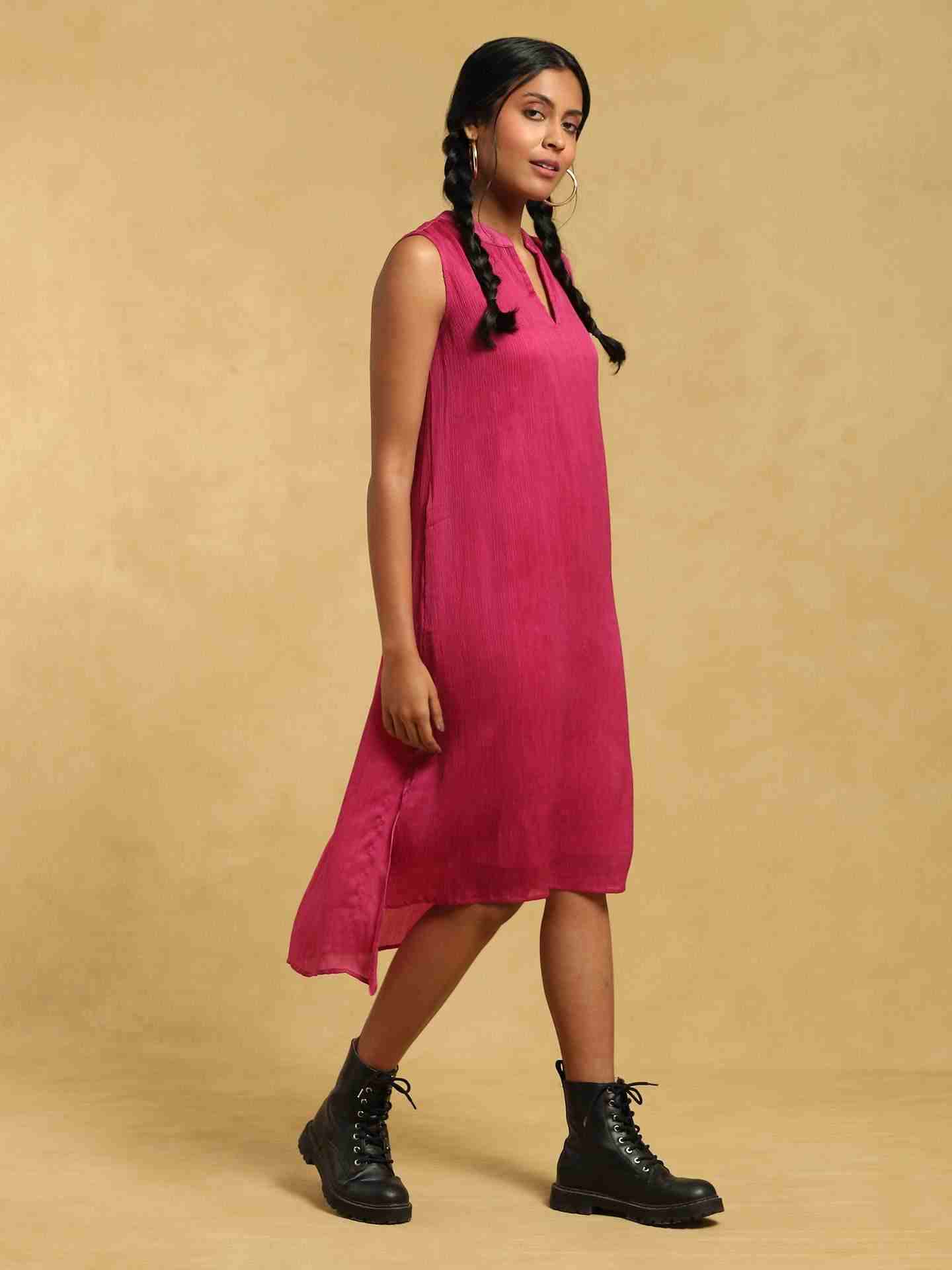 Pink Meta Solid Satin Dress