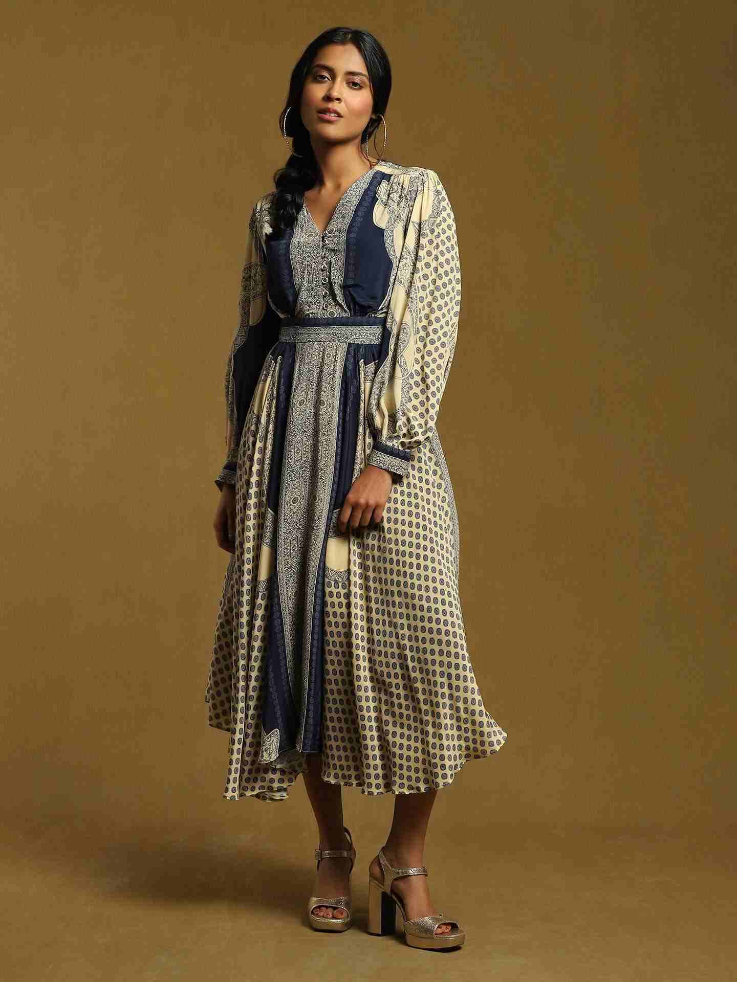 Blue Mono Paisley Crepe Dress