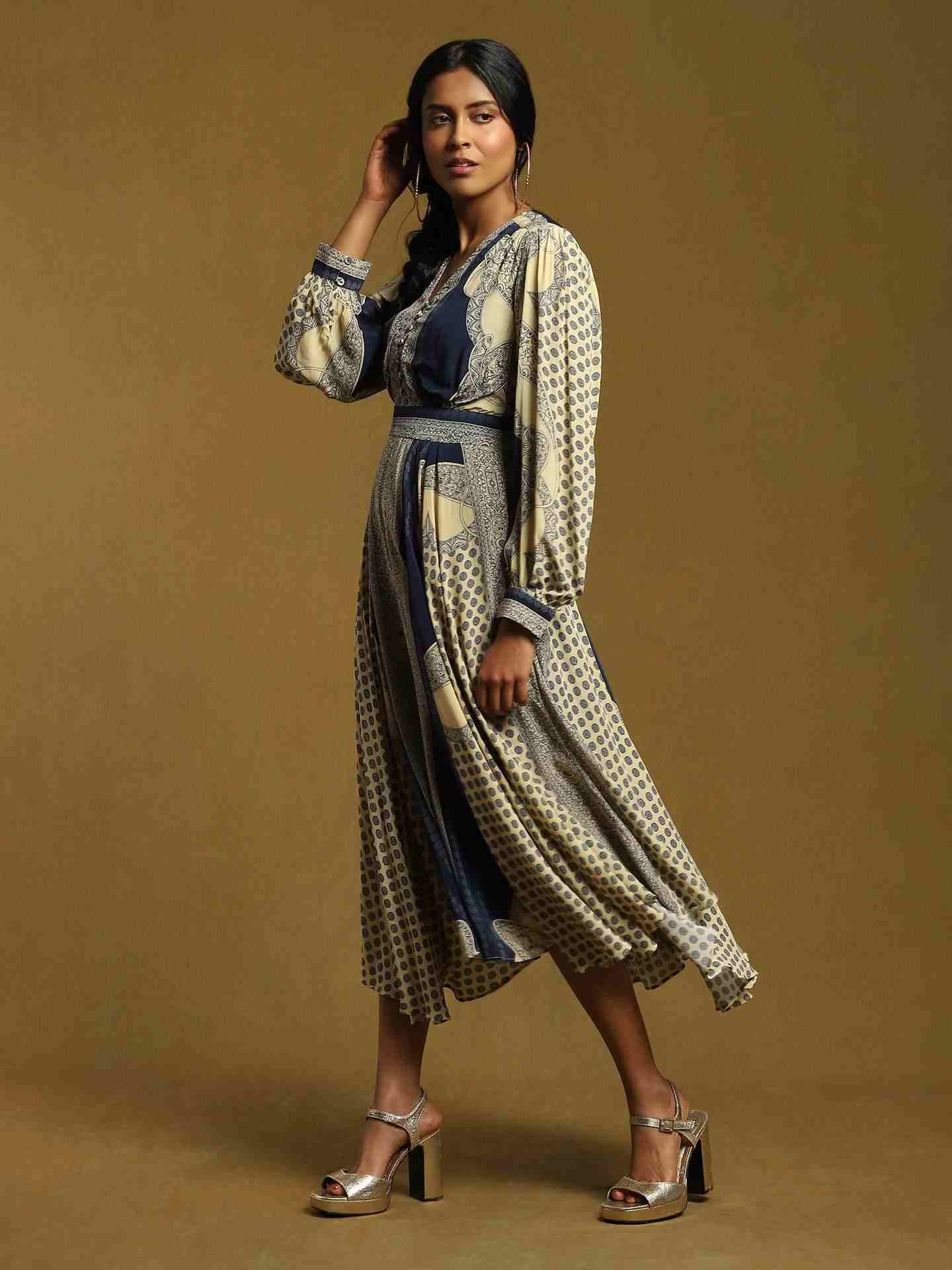 Blue Mono Paisley Crepe Dress