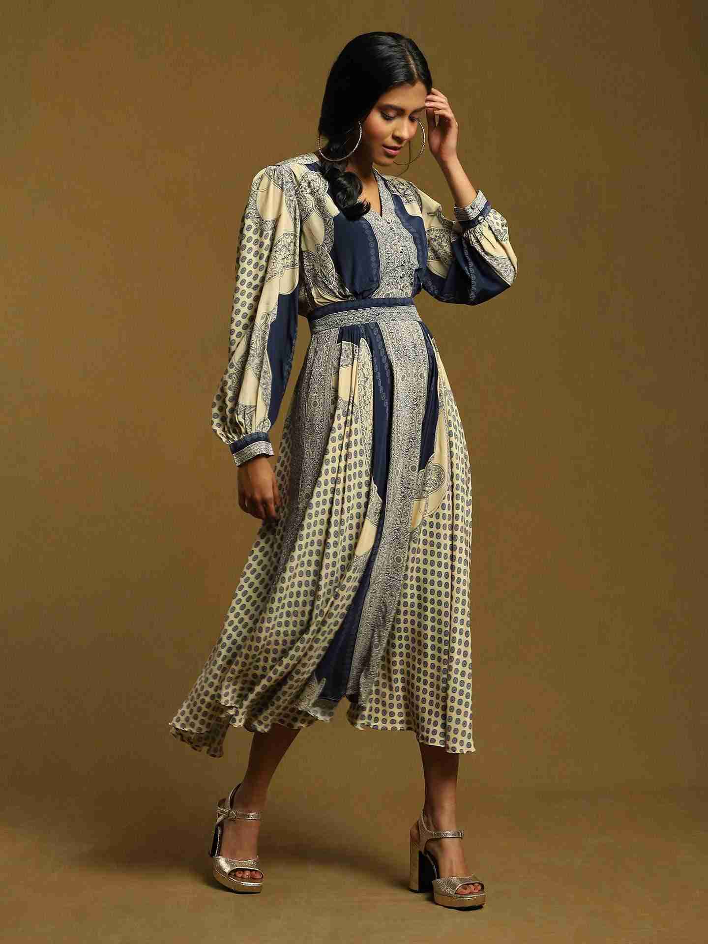 Blue Mono Paisley Crepe Dress