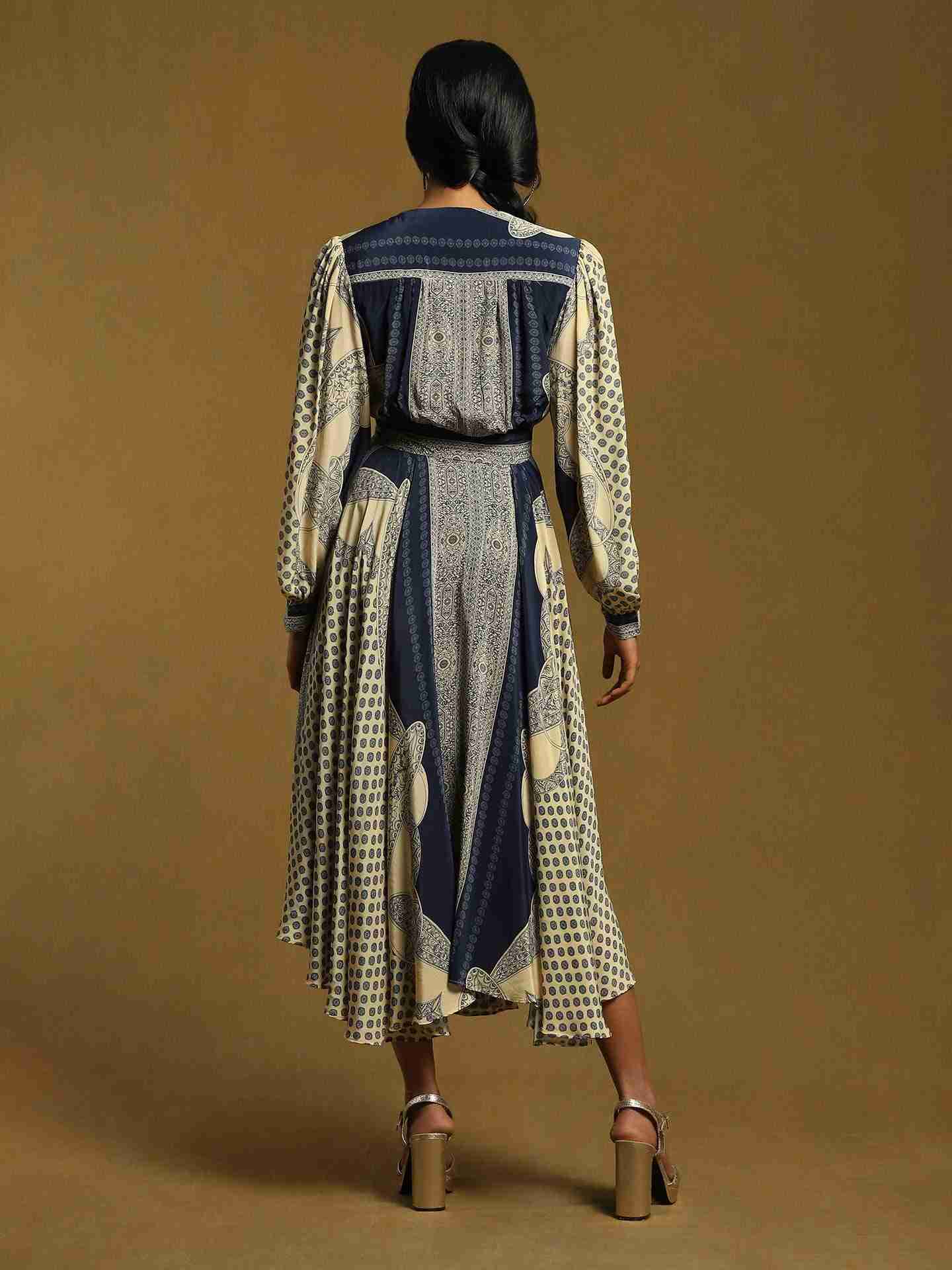 Blue Mono Paisley Crepe Dress