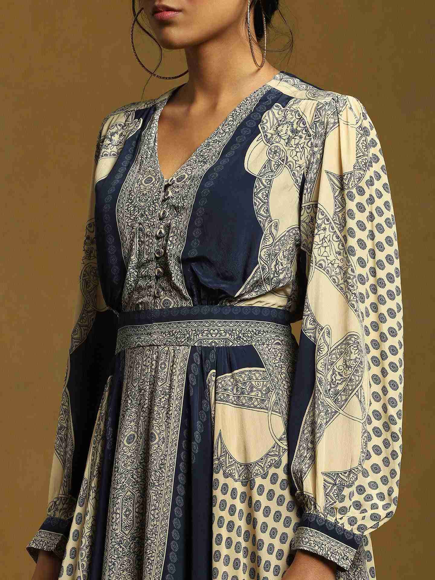 Blue Mono Paisley Crepe Dress