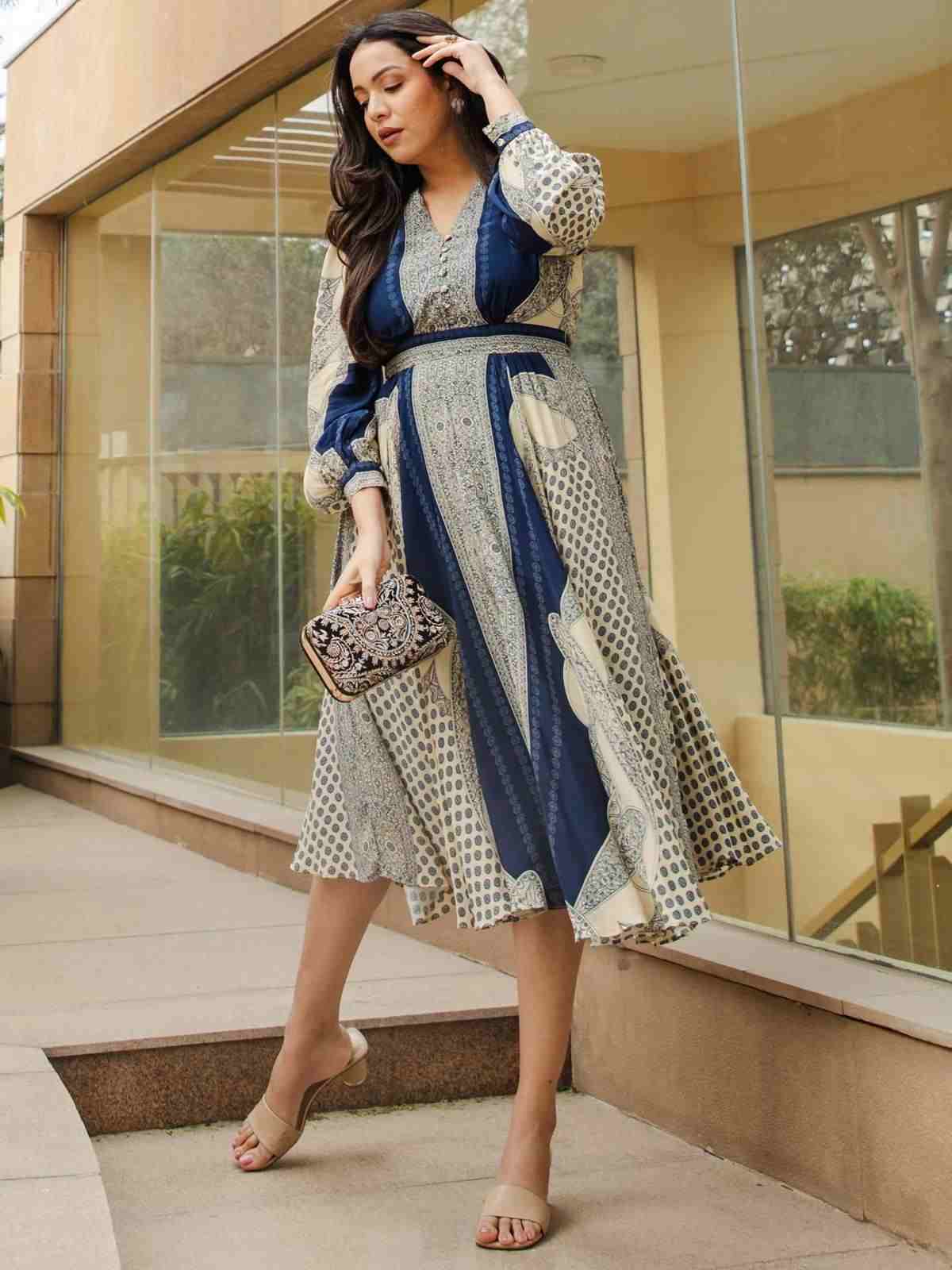 Blue Mono Paisley Crepe Dress