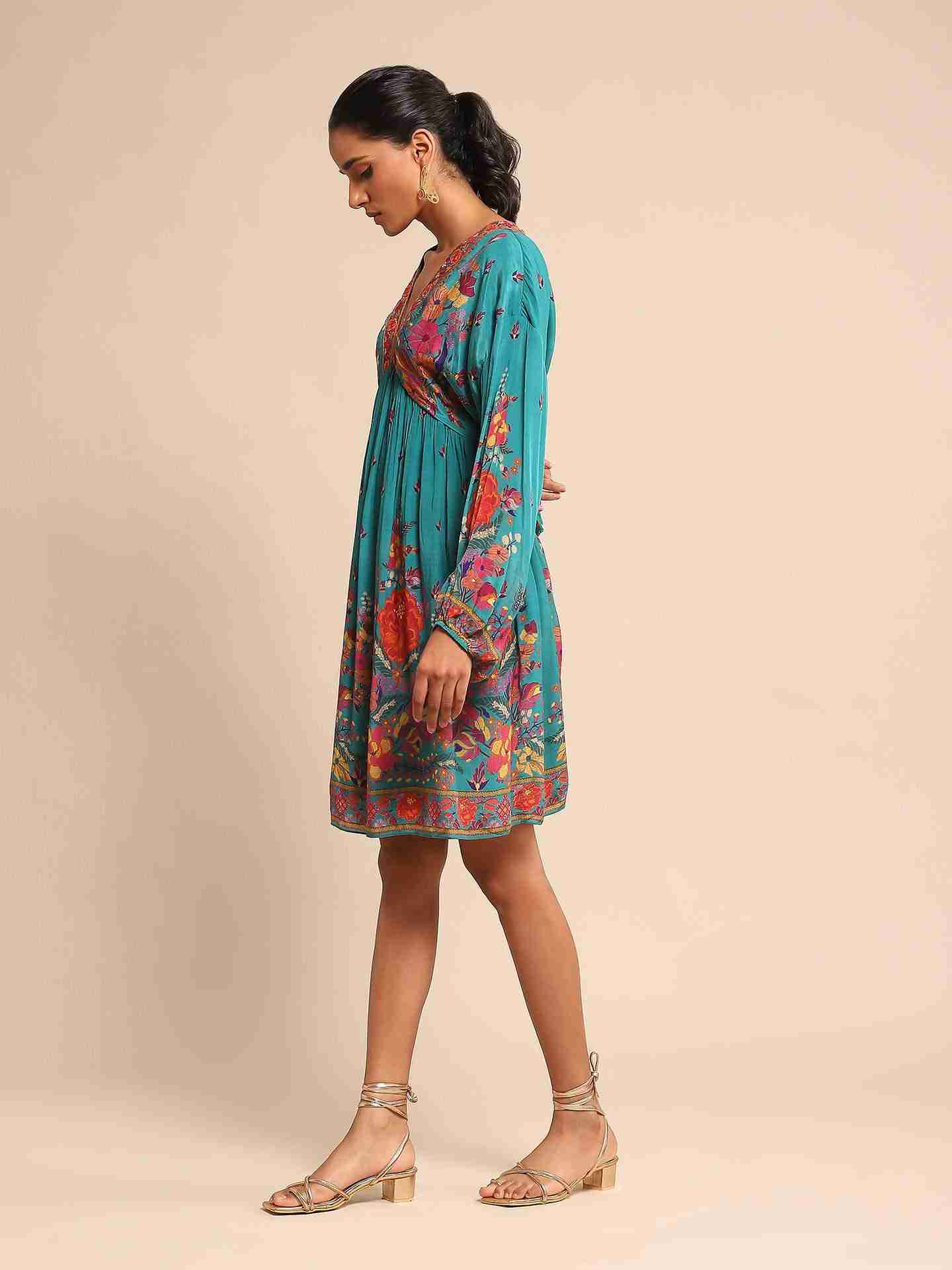 Blue Freeda Flower Crepe Dress