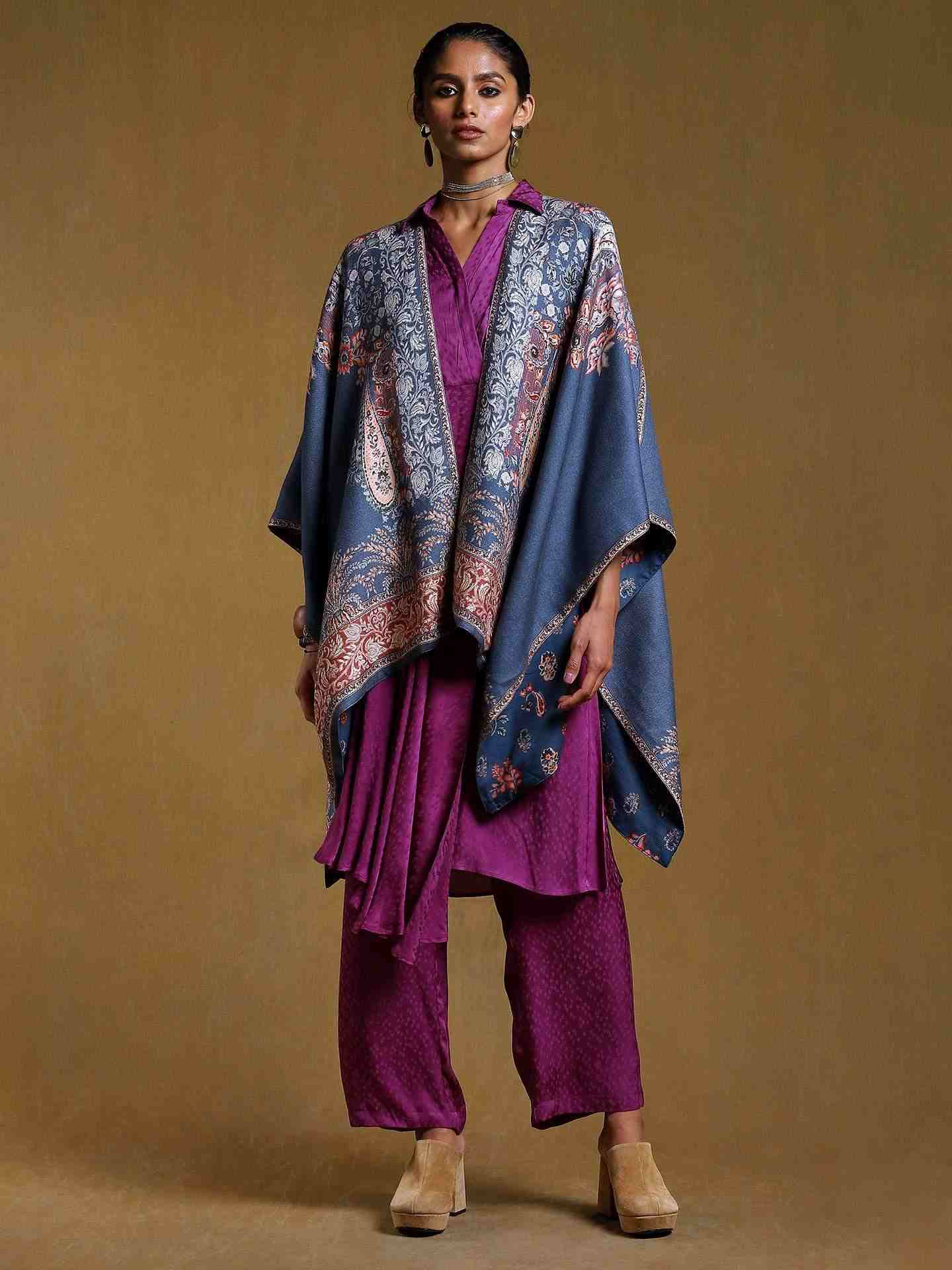 Navy Water Paisley Wool Shrug