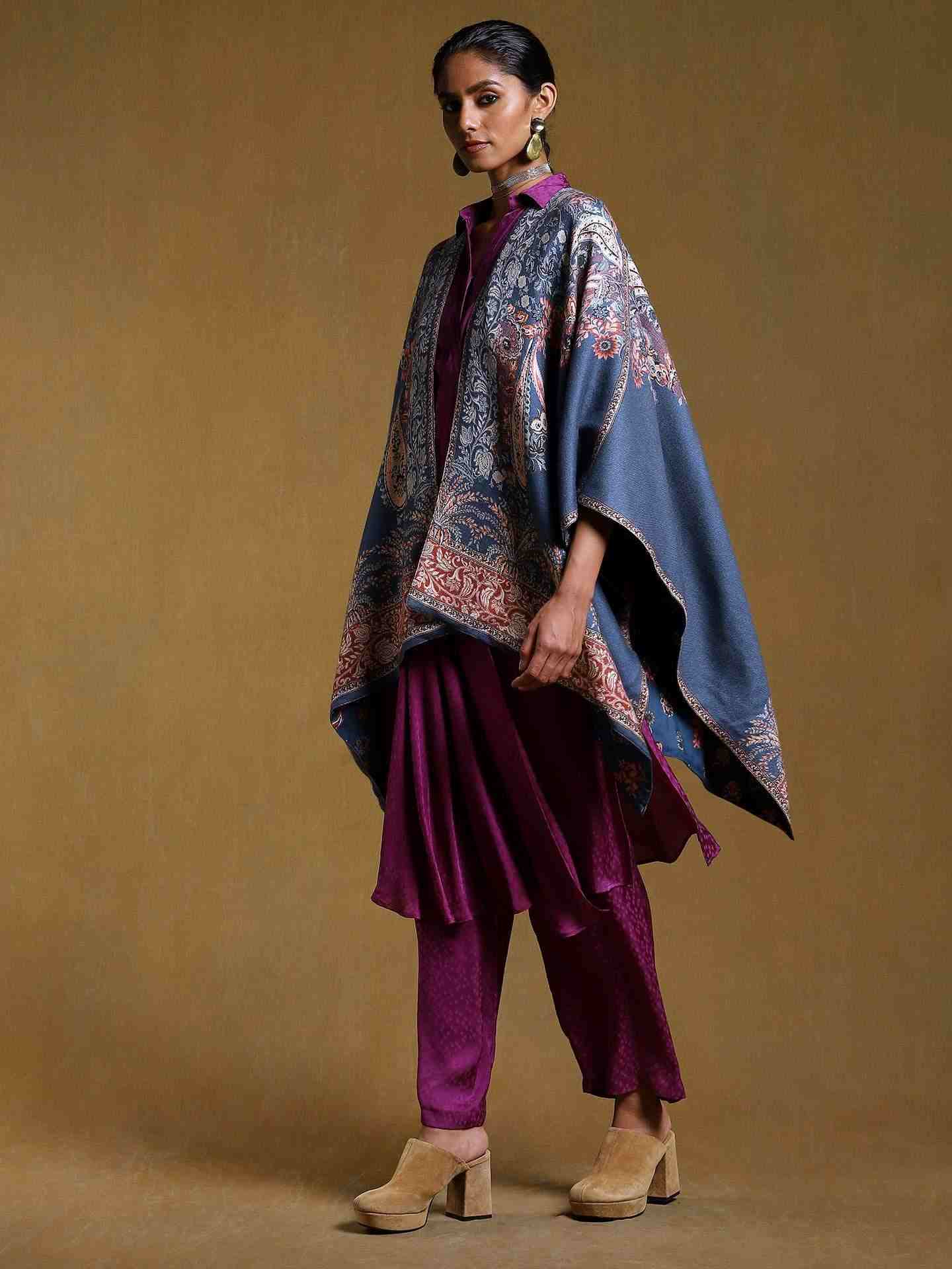 Navy Water Paisley Wool Shrug