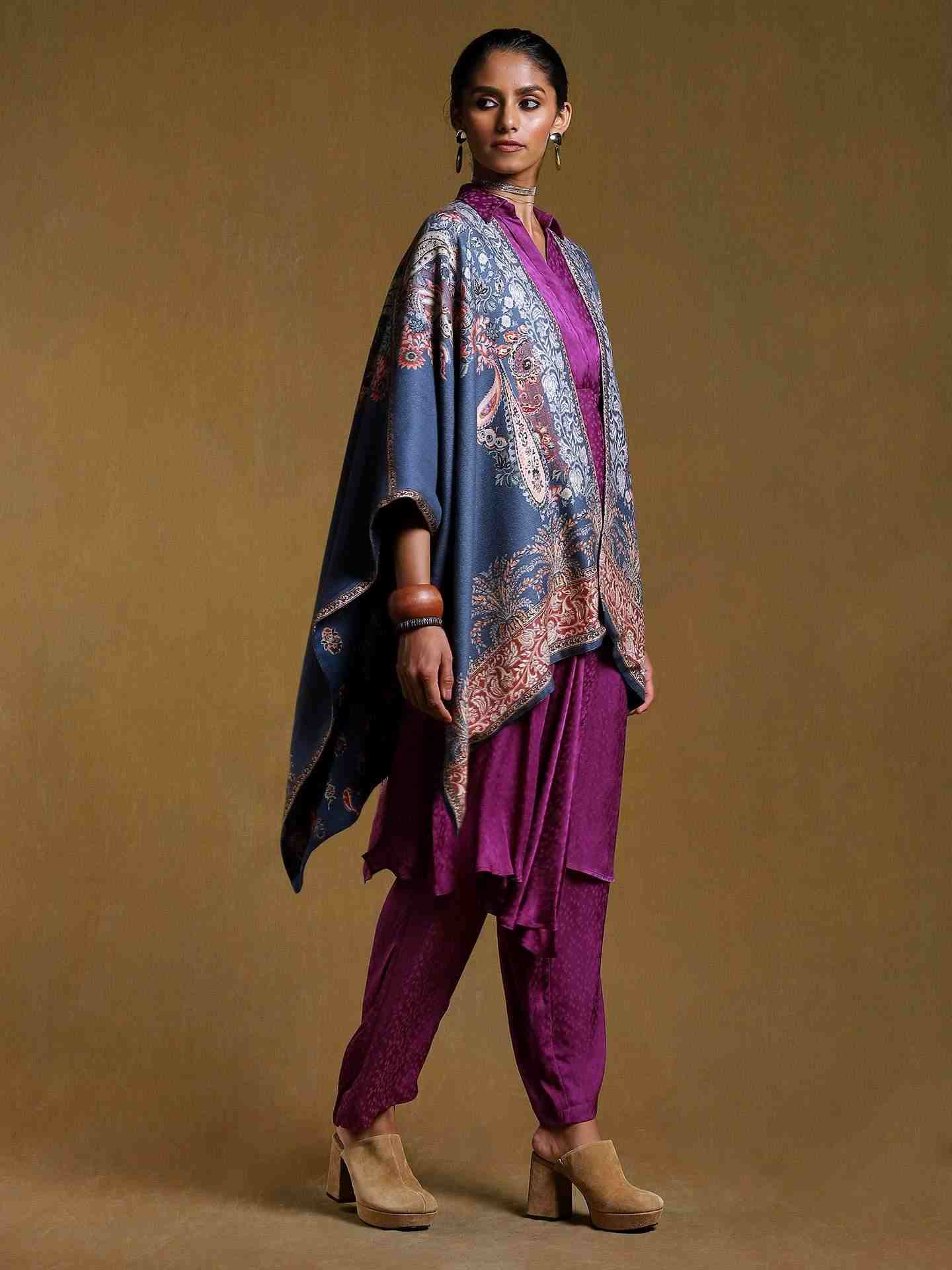 Navy Water Paisley Wool Shrug