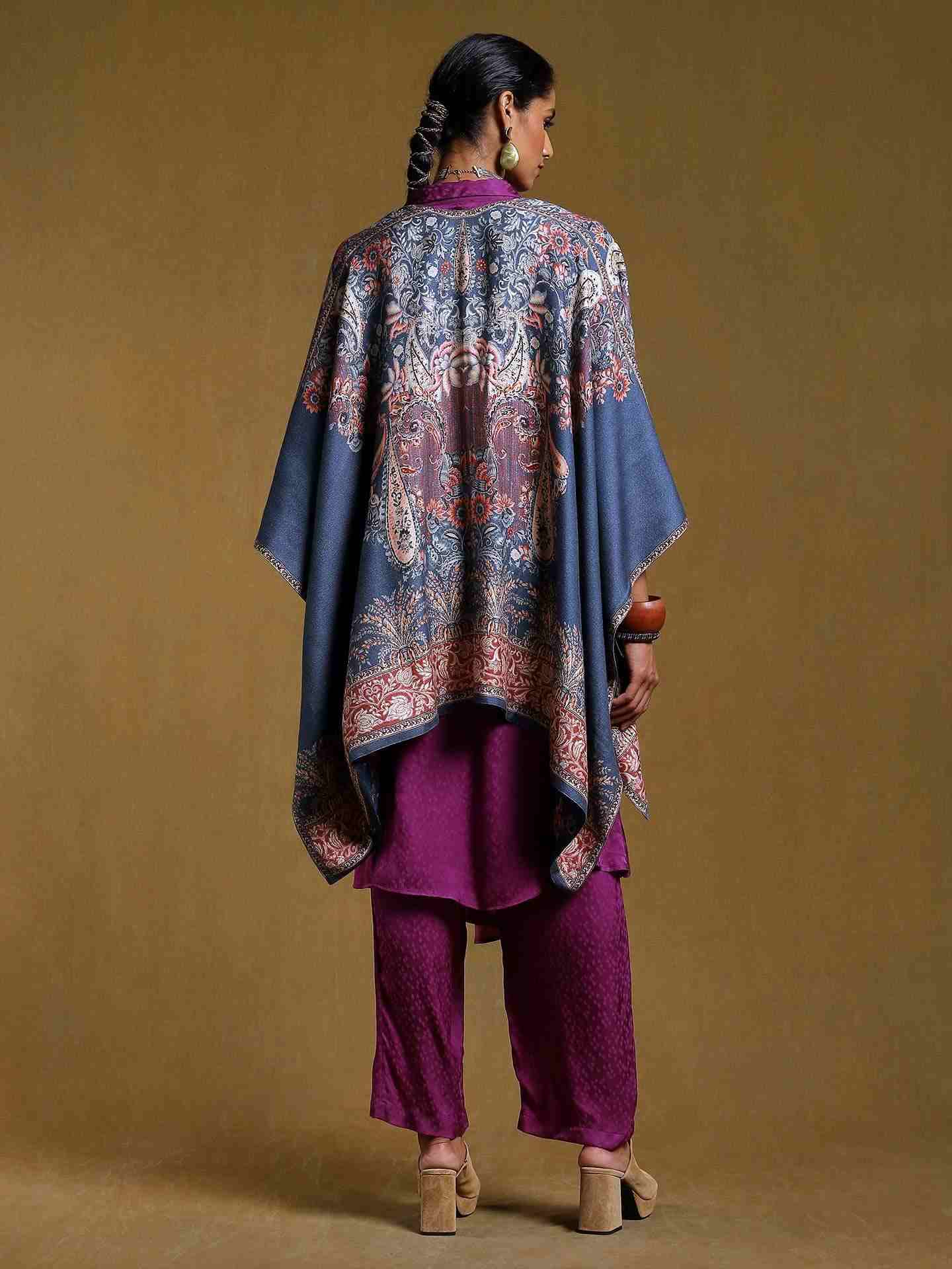 Navy Water Paisley Wool Shrug