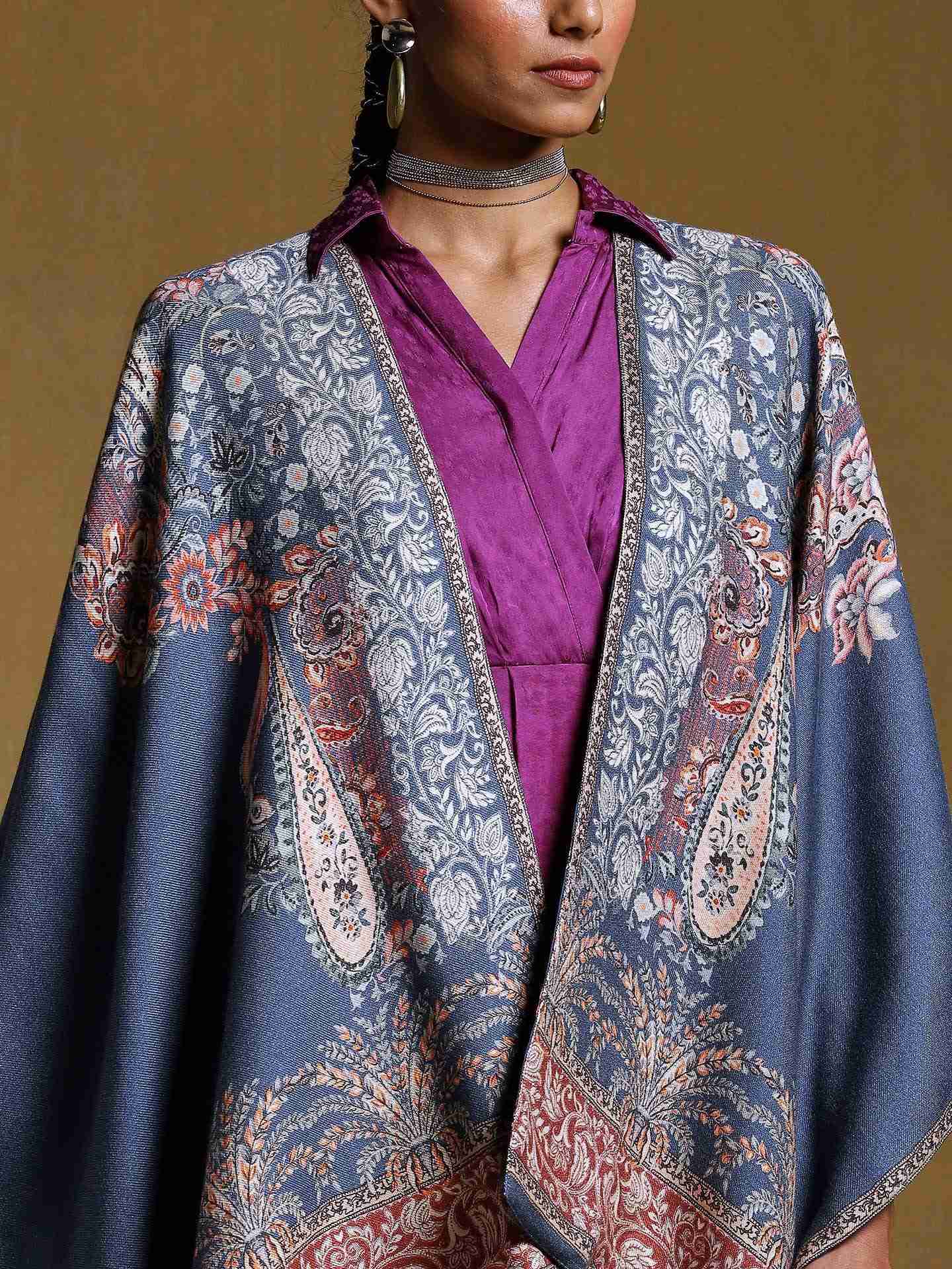 Navy Water Paisley Wool Shrug