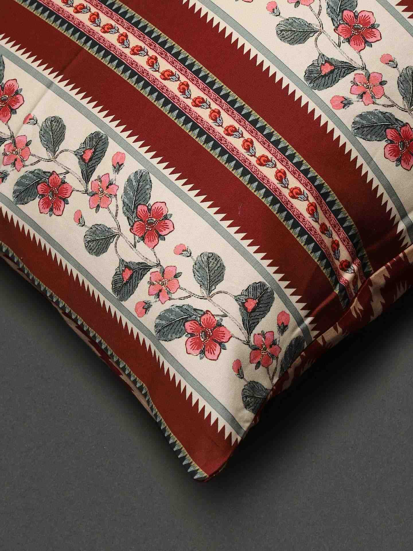 Ecru & Red Flora Cotton Pillow Sham