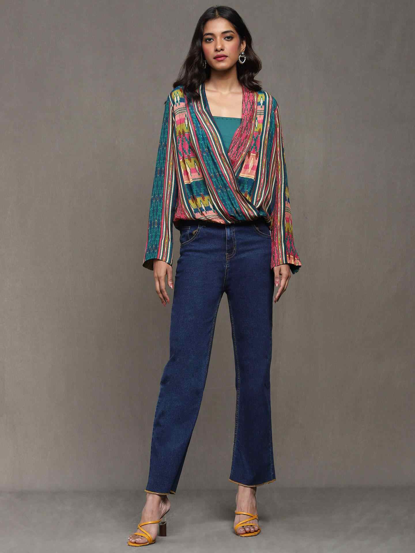 Teal Ikkat Stripe Wrap Top