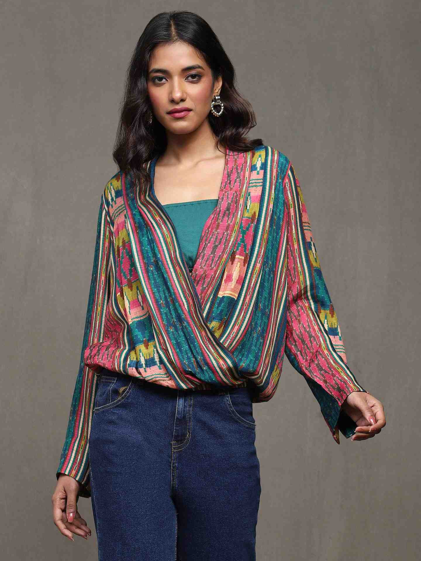 Teal Ikkat Stripe Wrap Top