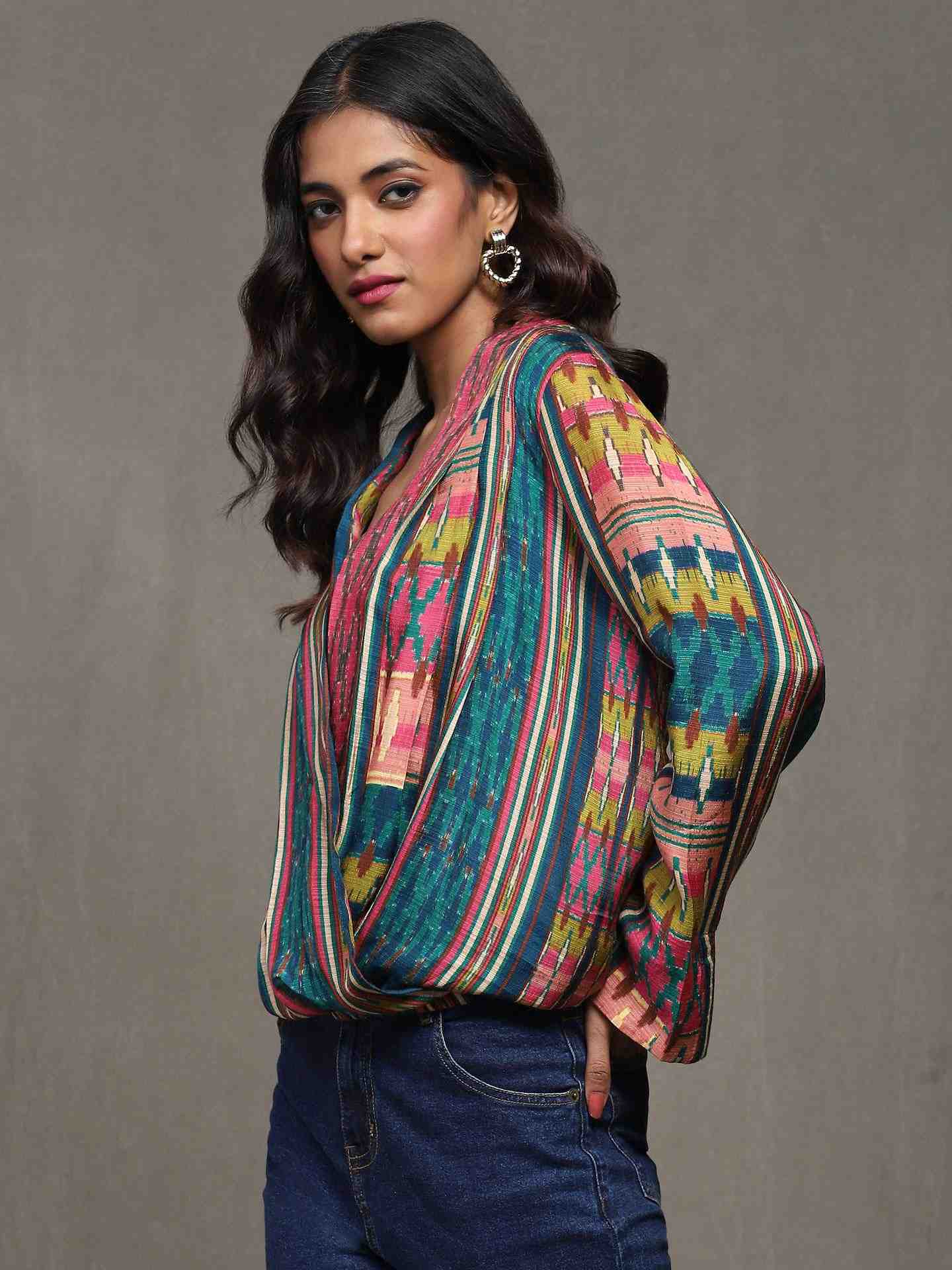 Teal Ikkat Stripe Wrap Top