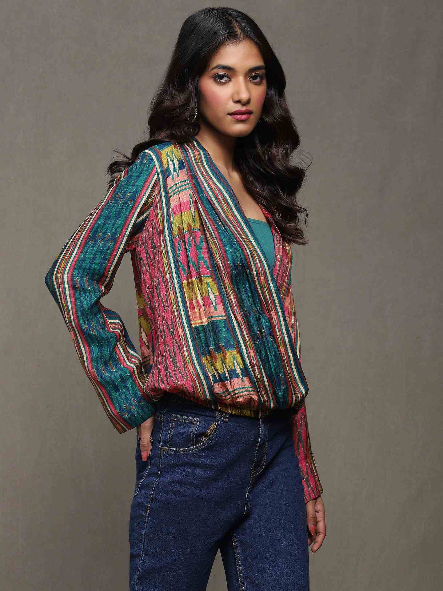 Teal Ikkat Stripe Wrap Top