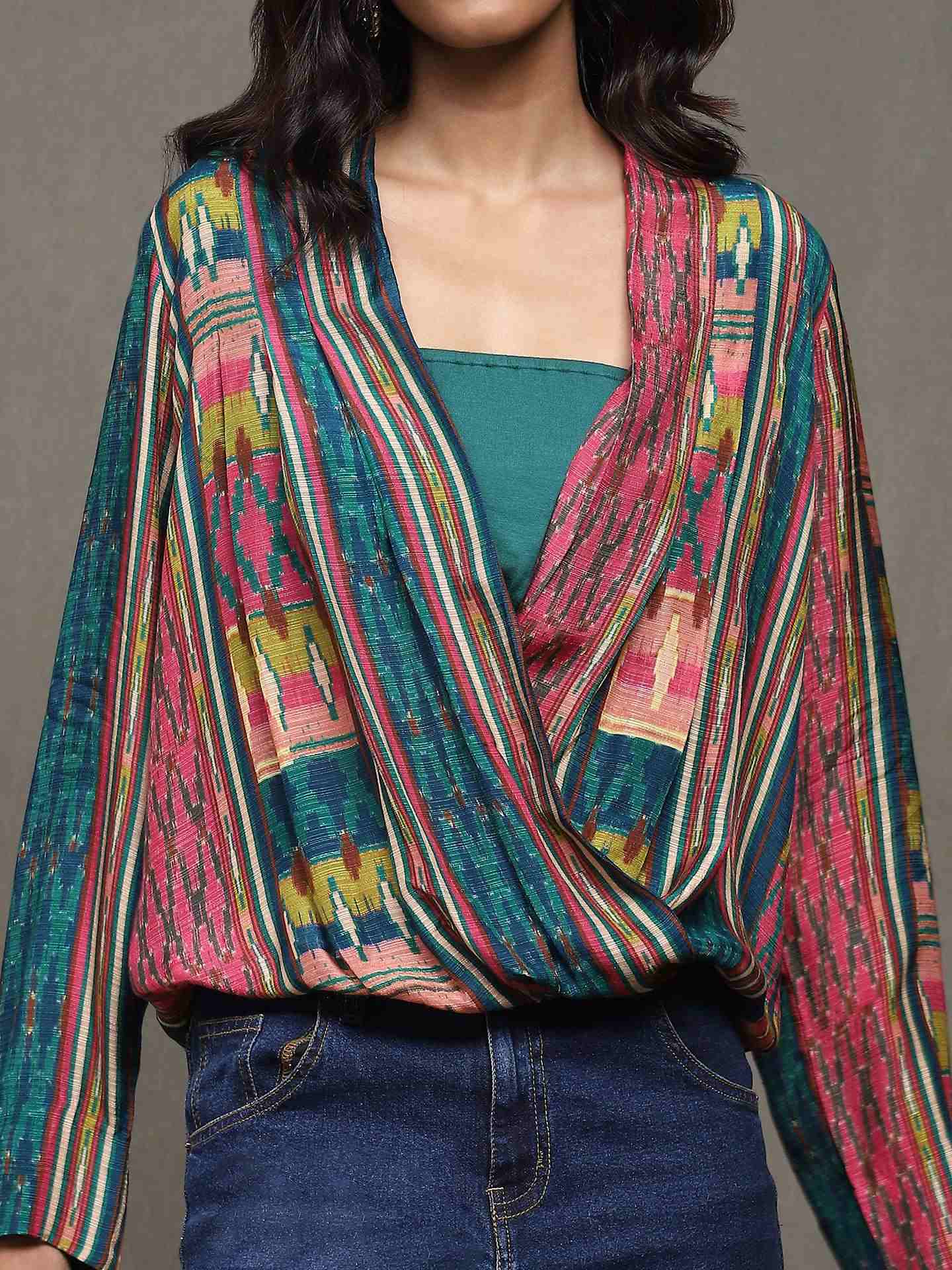Teal Ikkat Stripe Wrap Top