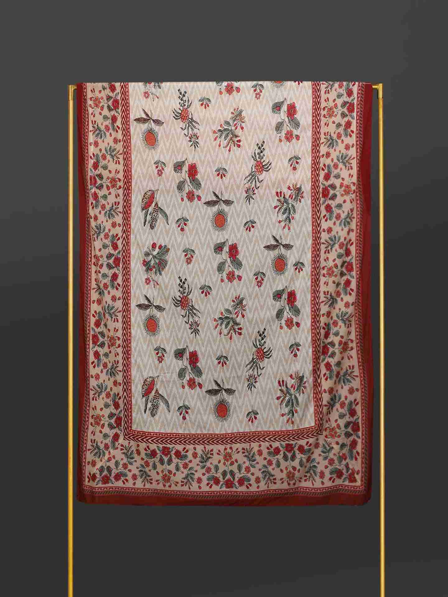 Beige & Red Flora Cotton Tablecloth