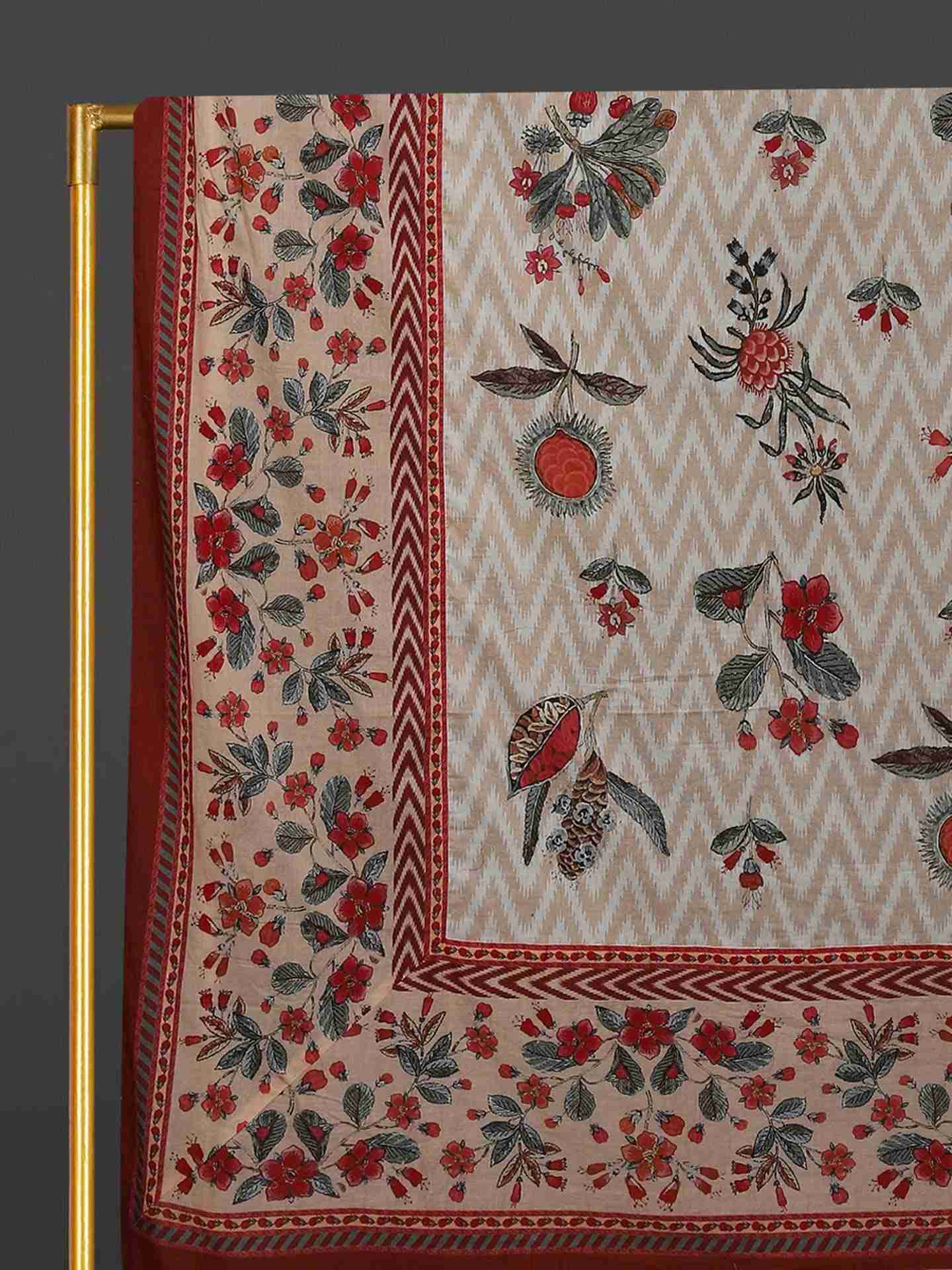 Beige & Red Flora Cotton Tablecloth