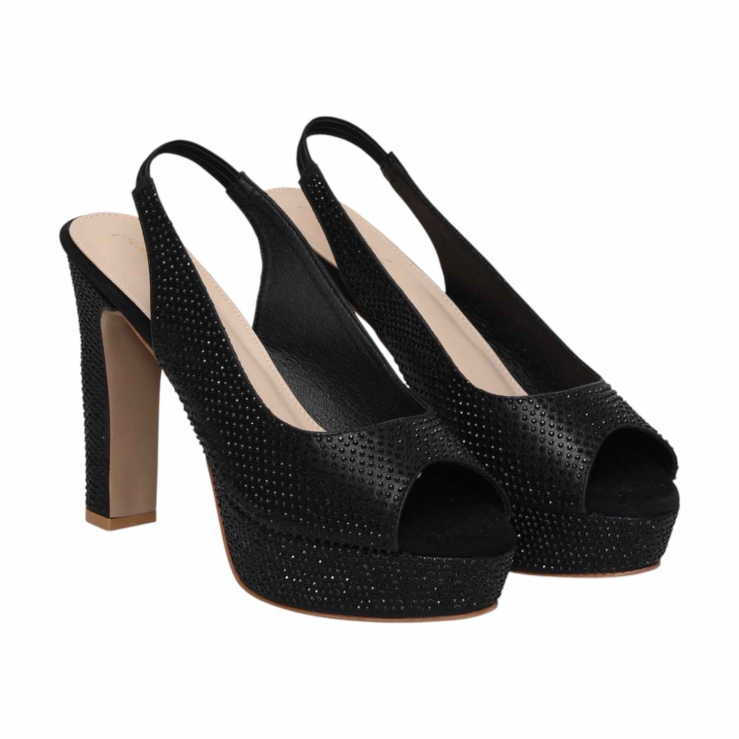 Women Black Rhinestone Slingback Platform Heels